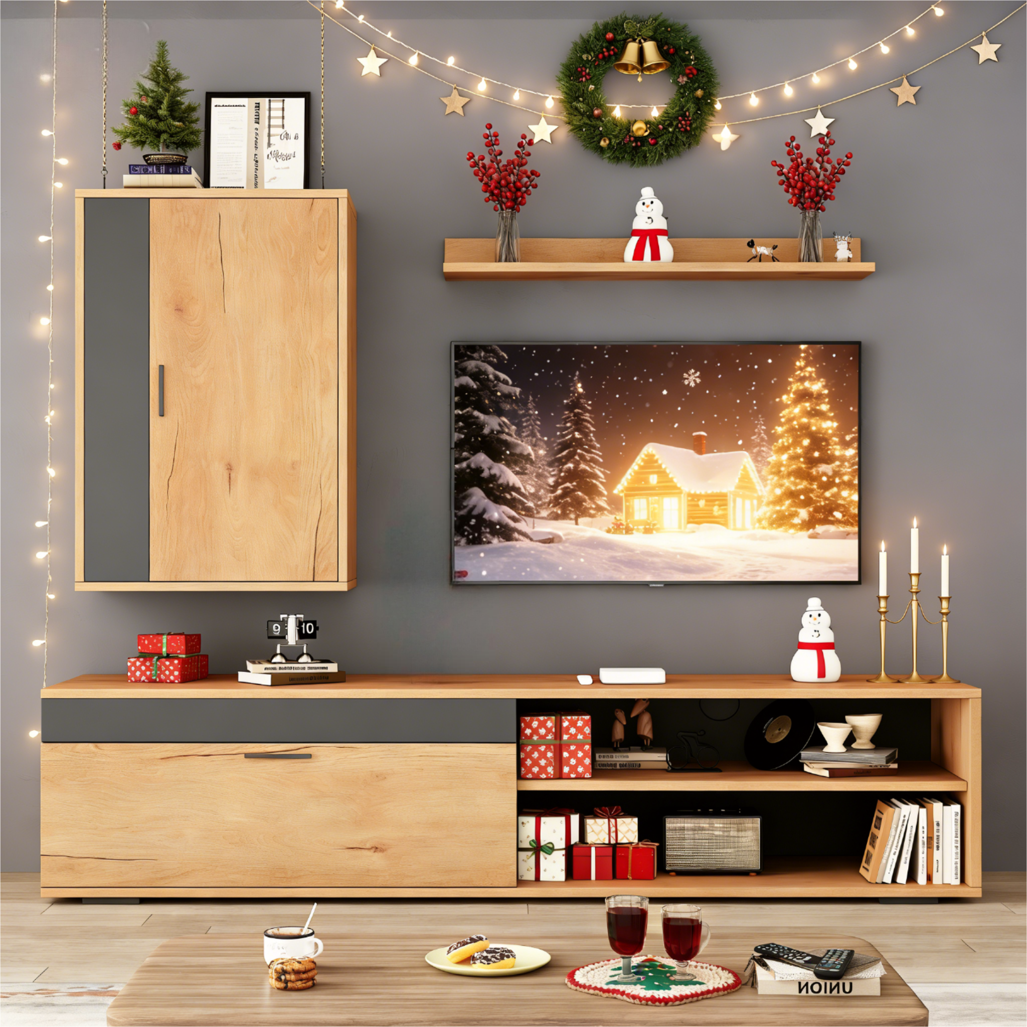 140x35x39cm TV Wall Unit Set Complete Set, 3 Pcs , Media Wall Incl. TV Board, Stand Shelf And Wall Shelf, TV Living Room Furniture Set, Modern TV Cabi
