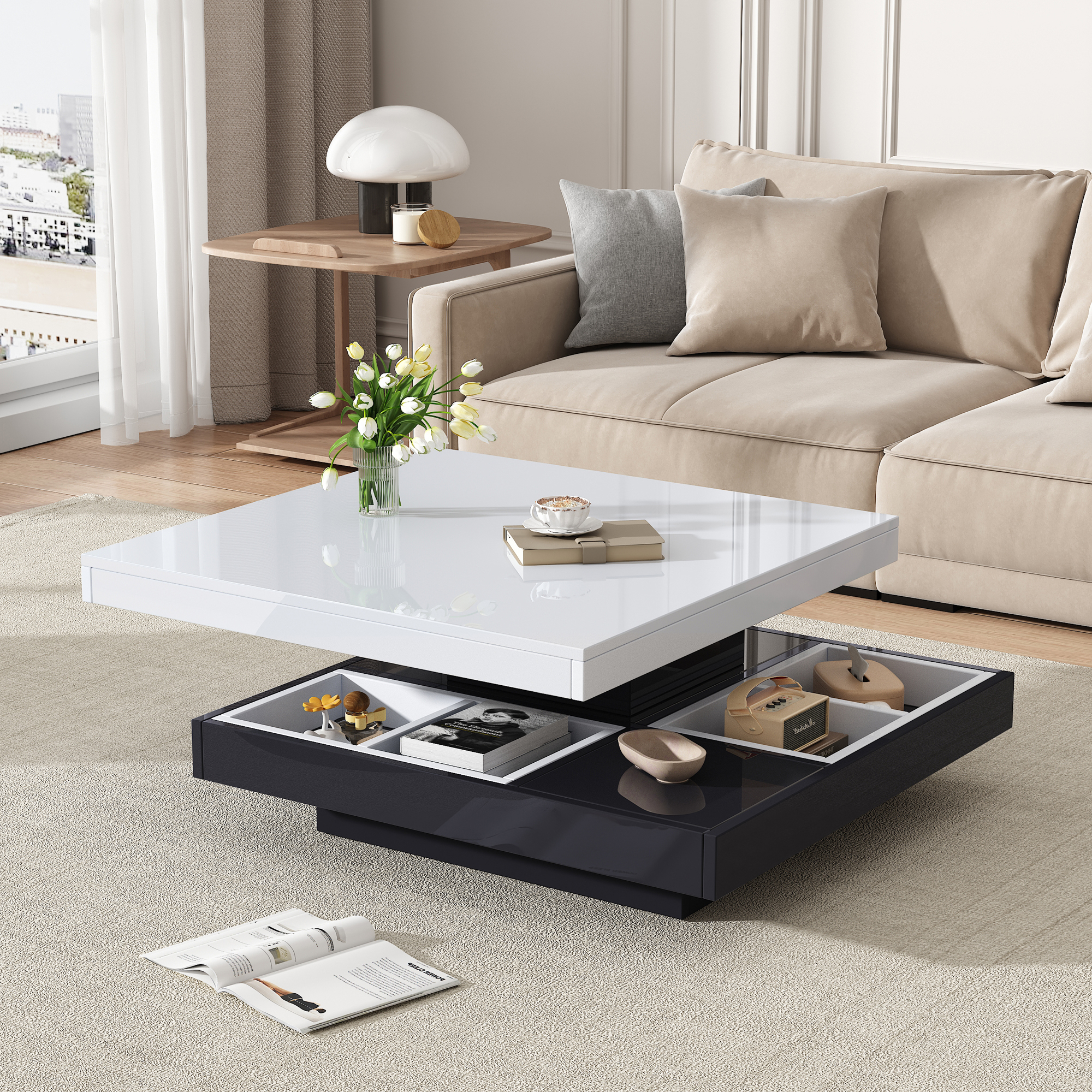 High-gloss Table Top Functional Coffee Table, Living Room Table, 360degree  Rotatable, 2-tier Swivel Table Top With Storage Compartment, White Living Room Table Top, Black Base 70x70x36 Cm