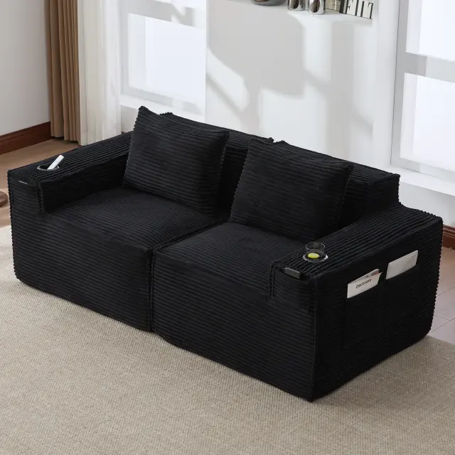 Modular 2-seater Corduroy Sofa With Cup Holders And Side Pockets Sprin