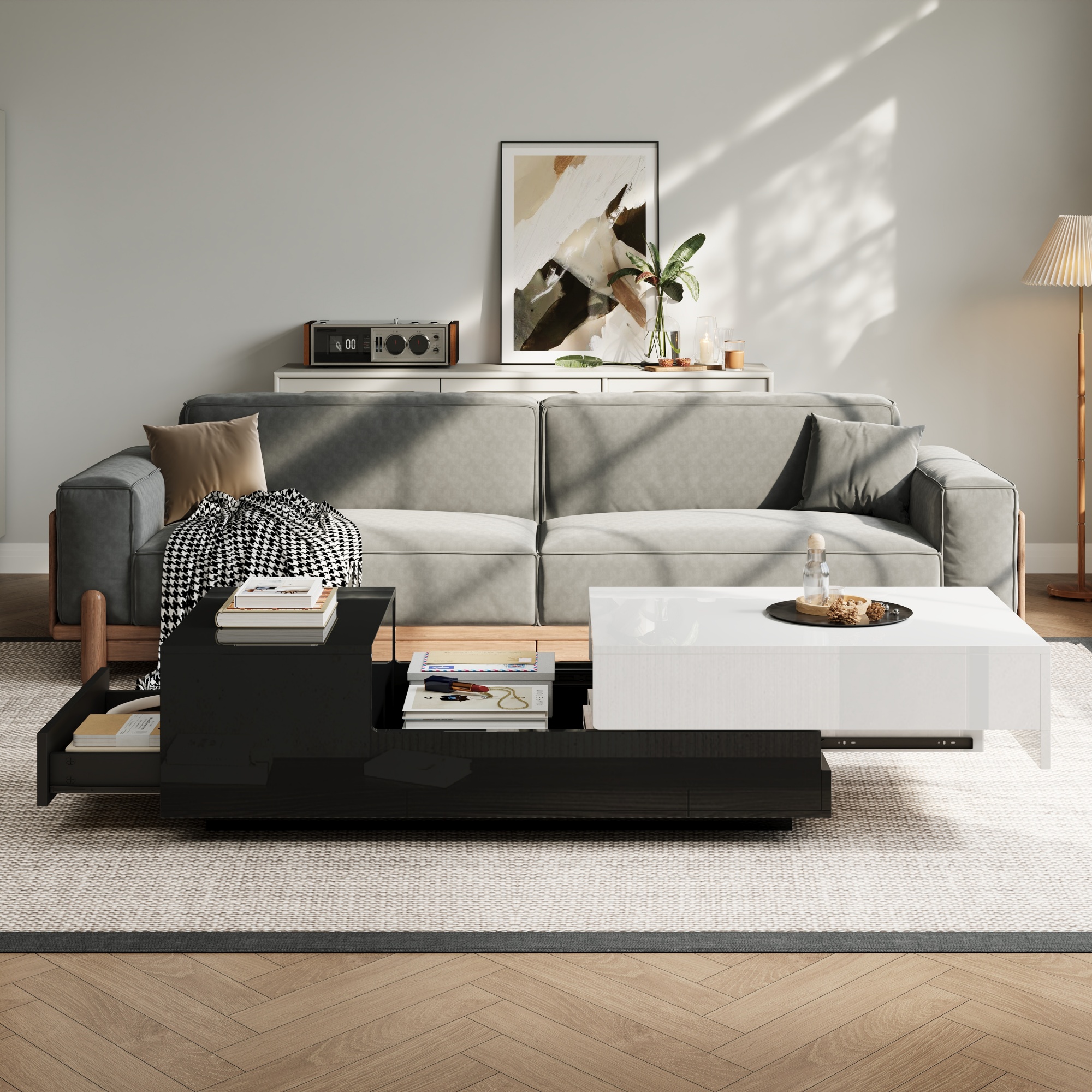 100x50x38cm High Gloss Coffee Table,Living Room Table With 1 Drawer,Side Table With Sliding Plate,Geometric Table,Coffee Table With Black And White Sewing Design,Large Storage Space