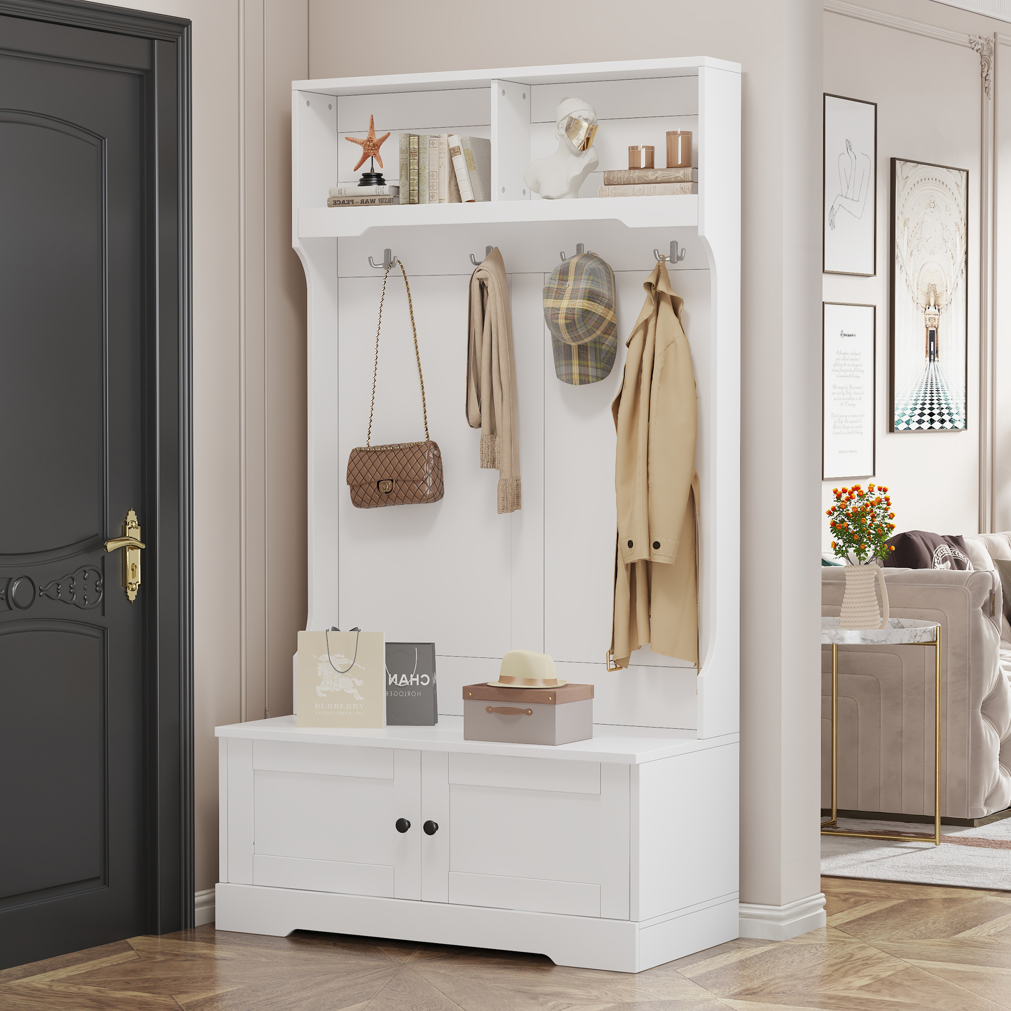 White Entrance Cabinet With Storage At The Bottom Of The Seat With 4 Hooks For Hanging And 2 Compartments At The Top For Open Storage - Clothes Rack, Coat Rack, Shoe Cabinet