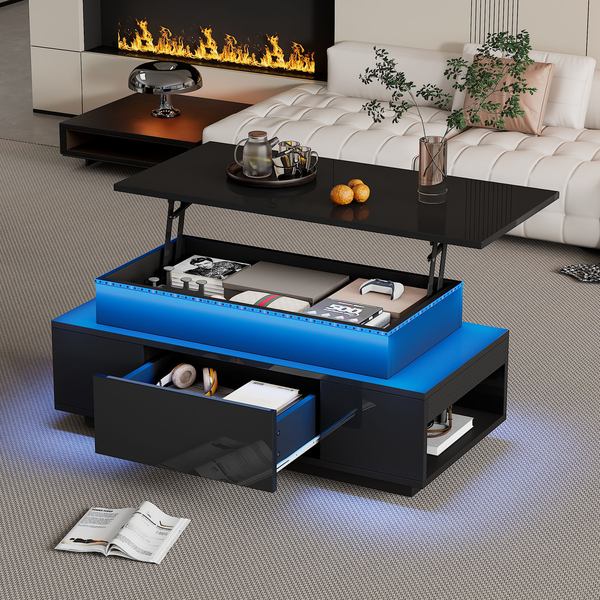 Height Adjustable Coffee Table With Hidden Storage And Drawer, 96 X 45 X 40 Cm High-Gloss Living Room Table, LED Sofa Table Suitable For Office, Study, And Parties Black