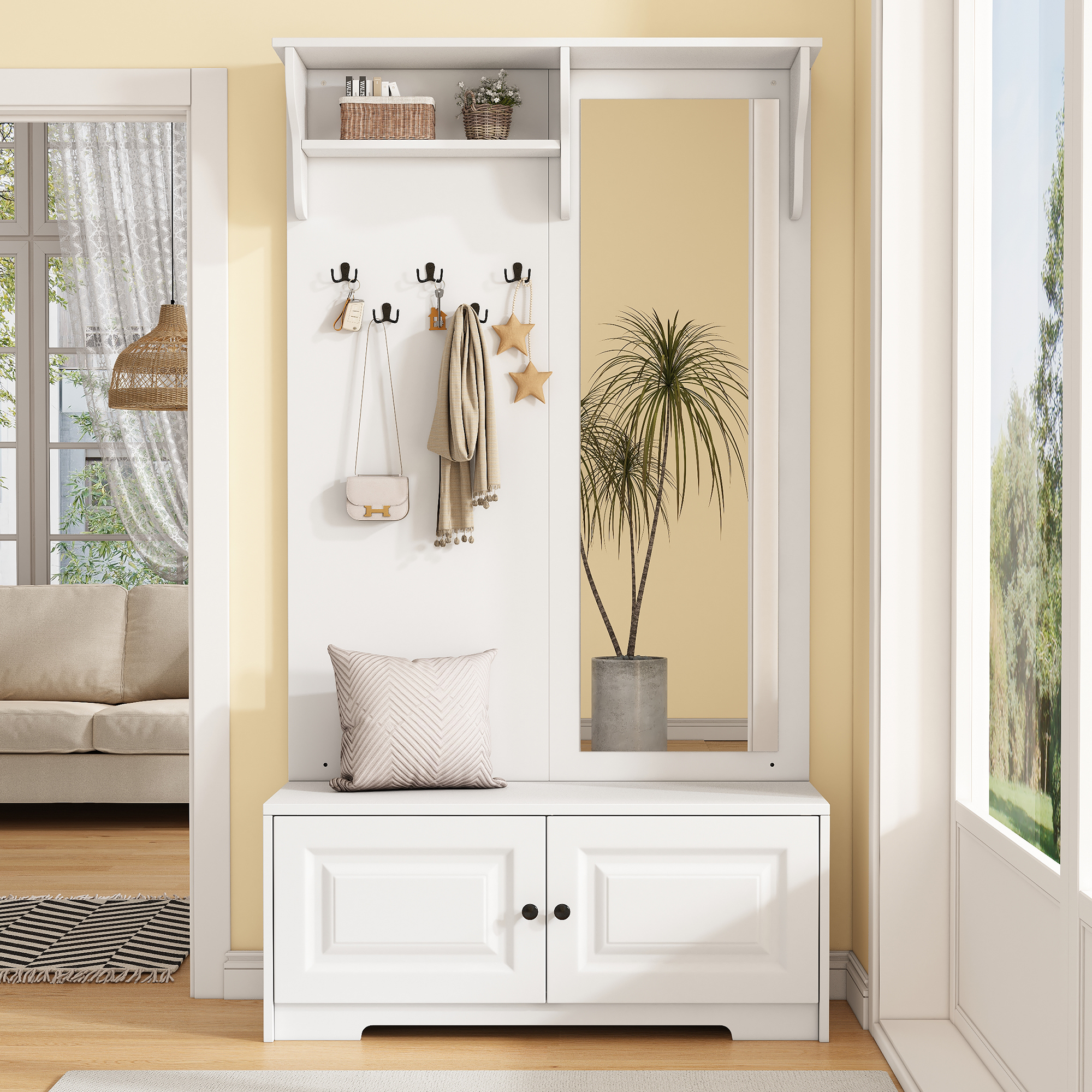 100x40x180cm Coat Racks With Mirror, 5 Coat Hooks, 2 Cabinets And Shelf, Hallway Coat Rack Clothes Rack With Shoe Cabinet, Hallway Coat Racks, Compact