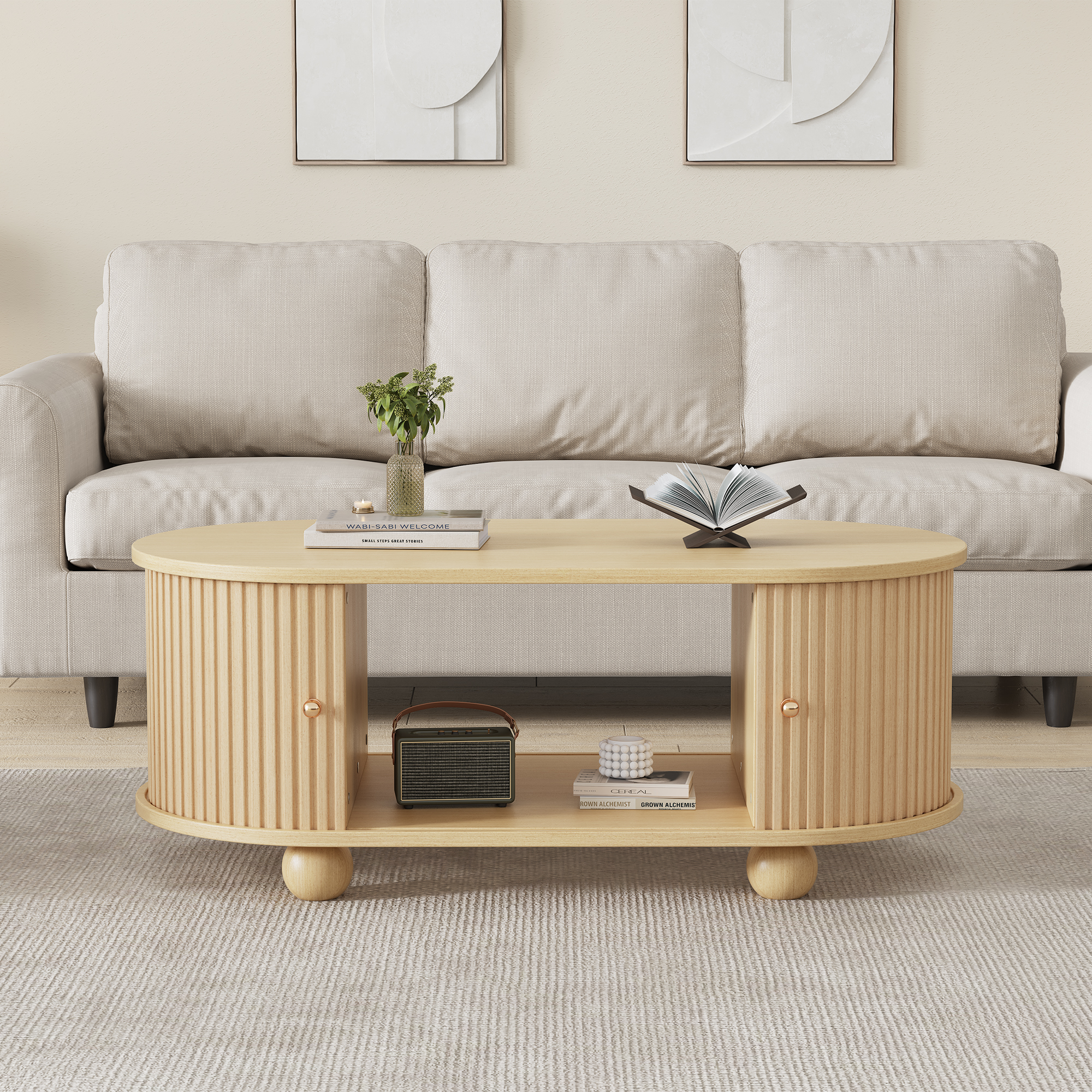 Oval Coffee Table With Storage Space And Sliding Doors Space-saving Multifunctional Furniture In Wood Colours