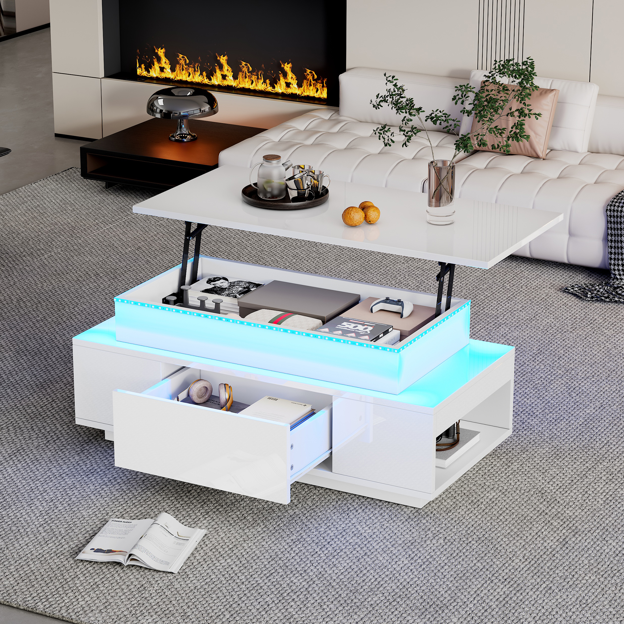 Height Adjustable Coffee Table With Hidden Storage And Drawer, 96x45x40cm High Gloss Living Room Table, LED Sofa Table, Suitable For Office, Study, Party, White