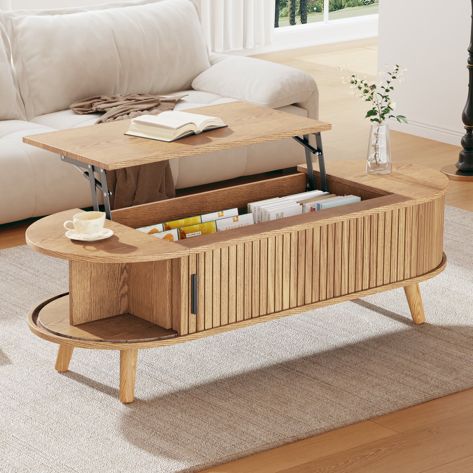 120 X 50 X 39.5 Cm Liftable, Can Be Lifted To 53.5 Cm, Coffee Table With Hidden Storage Space, Side Table With 5 Storage Areas, Living Room Table, Sofa Table, Original Wood Color