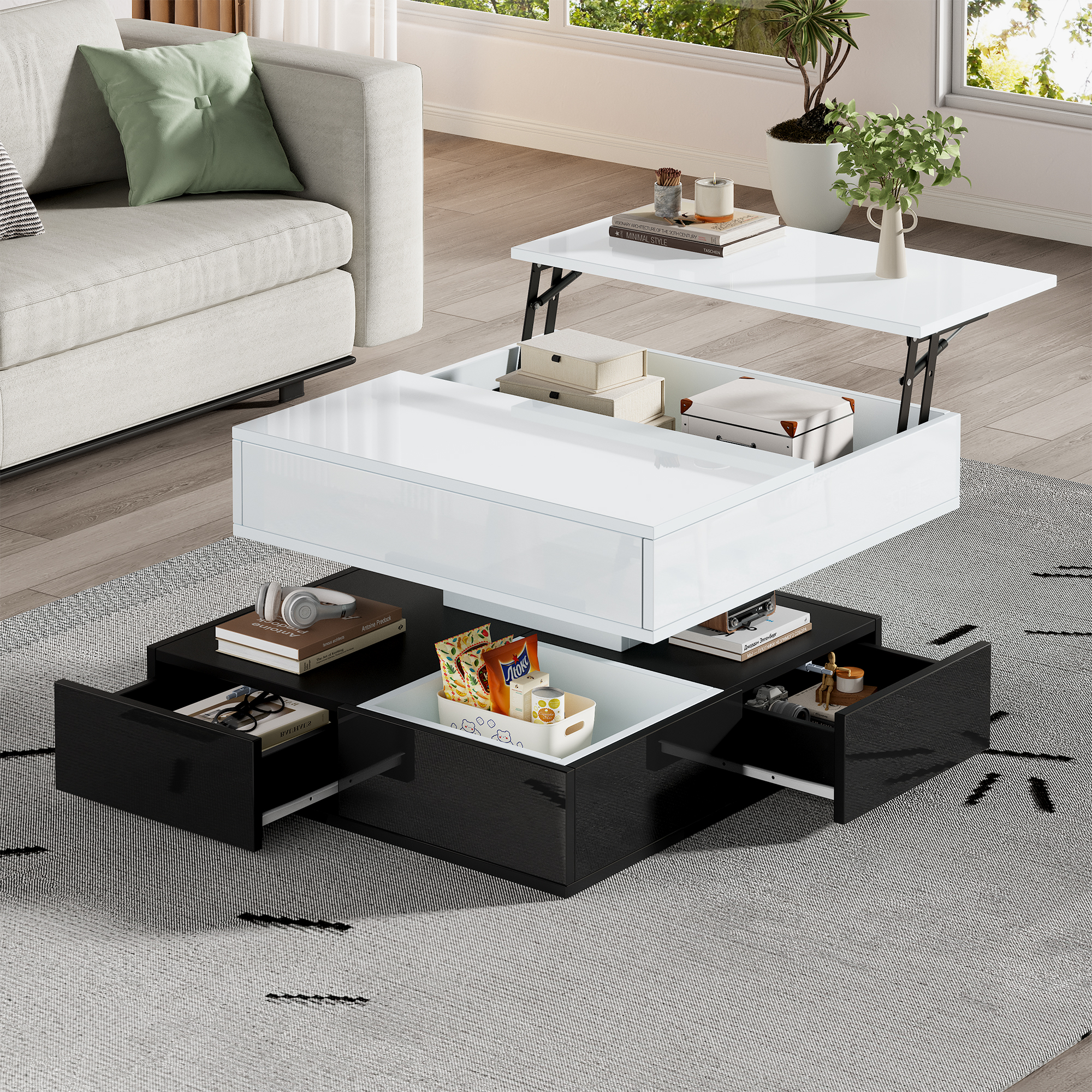 70x70x40cm Coffee Table With 360  Swivel Table Top,Double Layer Living Room Table With 3 Drawers,High Gloss Geometric Coffee Tish,Liftable Sofa Table,Side Table With Storage,White Black
