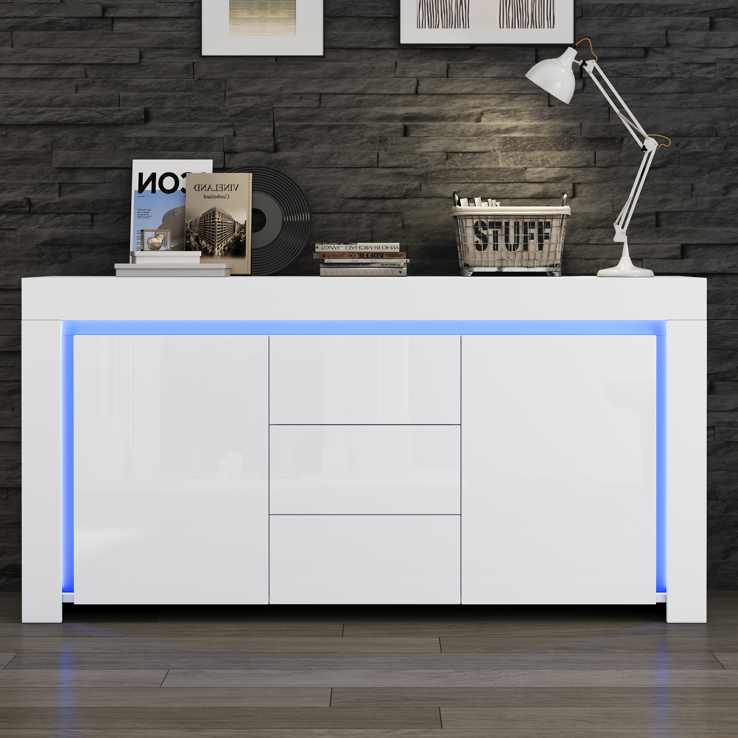 140x40x65cm Living Room Cabinet,Modern Chest Of Drawers With 3 Drawers,2 Doors,Width 140cm,High Gloss Side Cabinet With LED Light Strip,Sideboard With Storage Space,Suitable For Hallways, Living Rooms