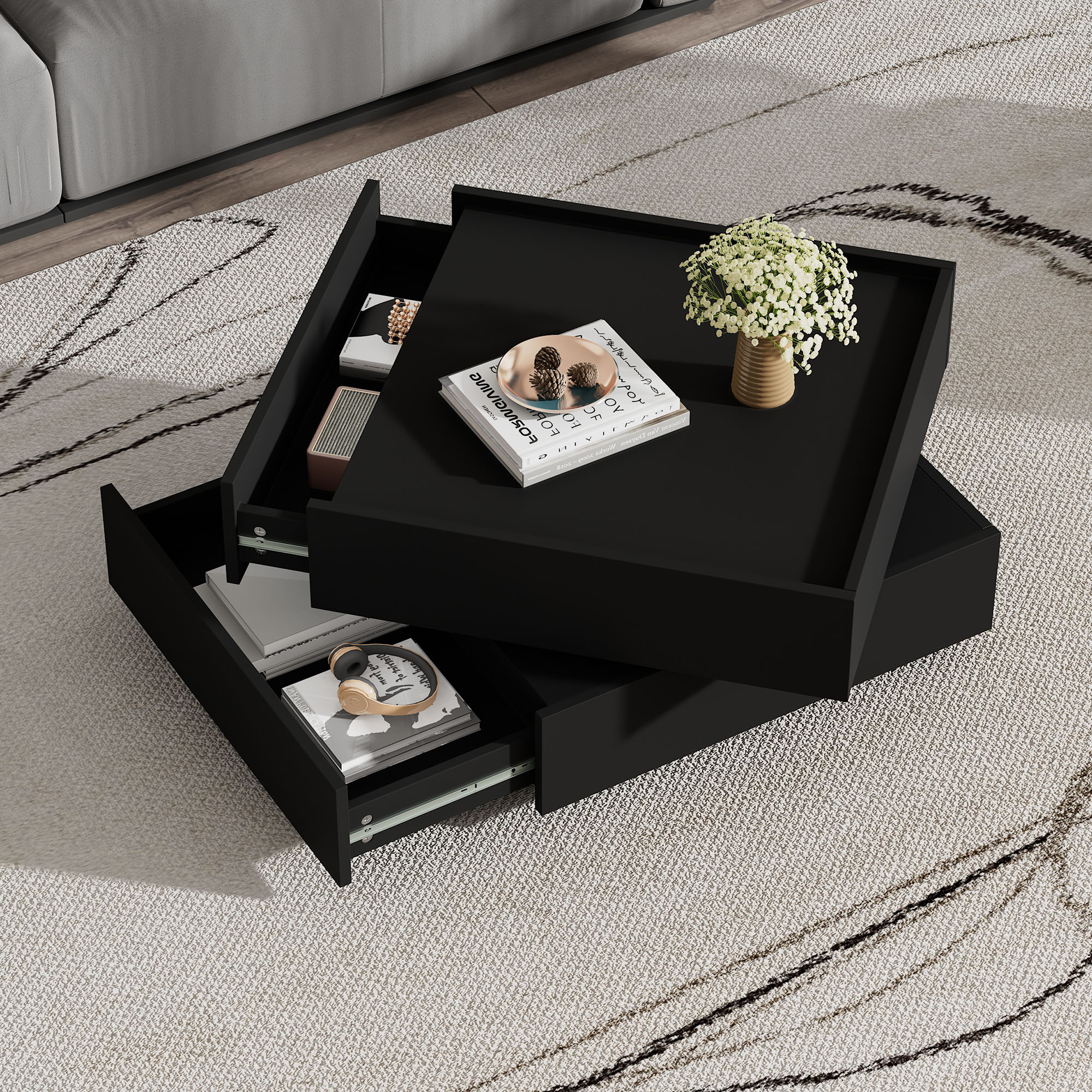 Functional Coffee Table For Living Room, 360 Rotatable, Rotatable Table Top With 2 Shelves And Storage, Living Room Side Table Frame Black, 60x60x38 Cm