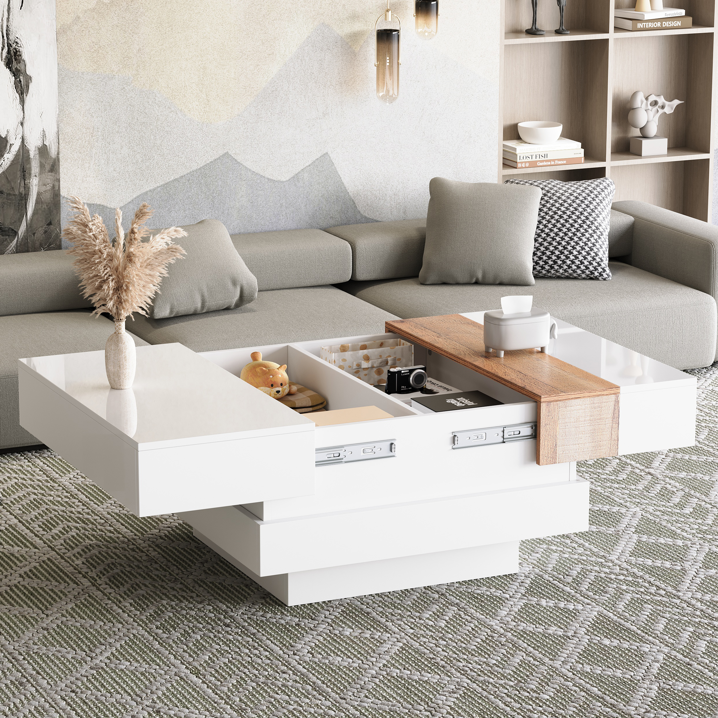 70 X 70 X 39 Cm, High-gloss Finish With Extendable Tabletop, Side Table, Square Coffee Table With Hidden Storage And Dividers, White  Primary Color