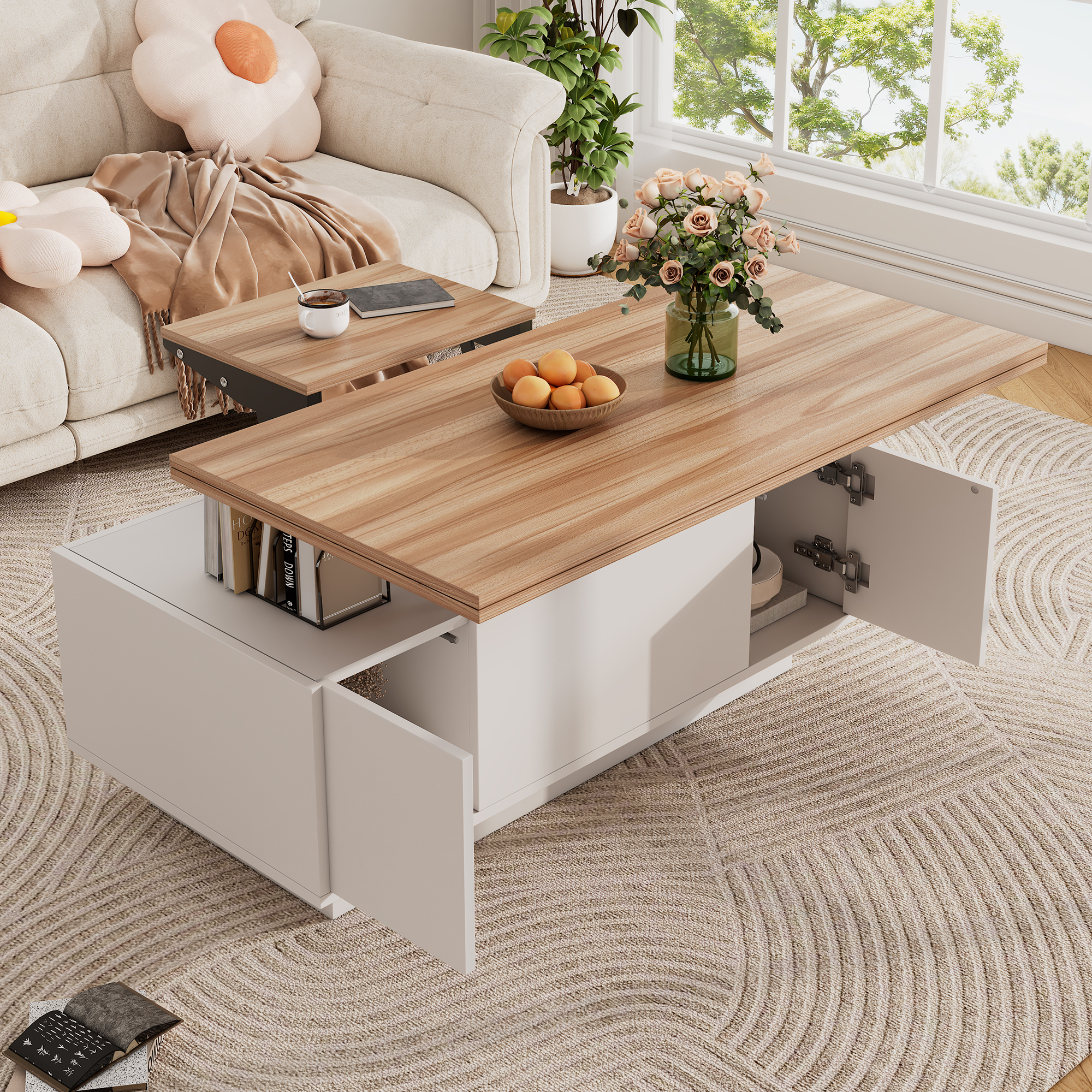Modern Coffee Table With Double Lifting Mechanism, Hidden Storage Space - Loadable Up To 50 Kg