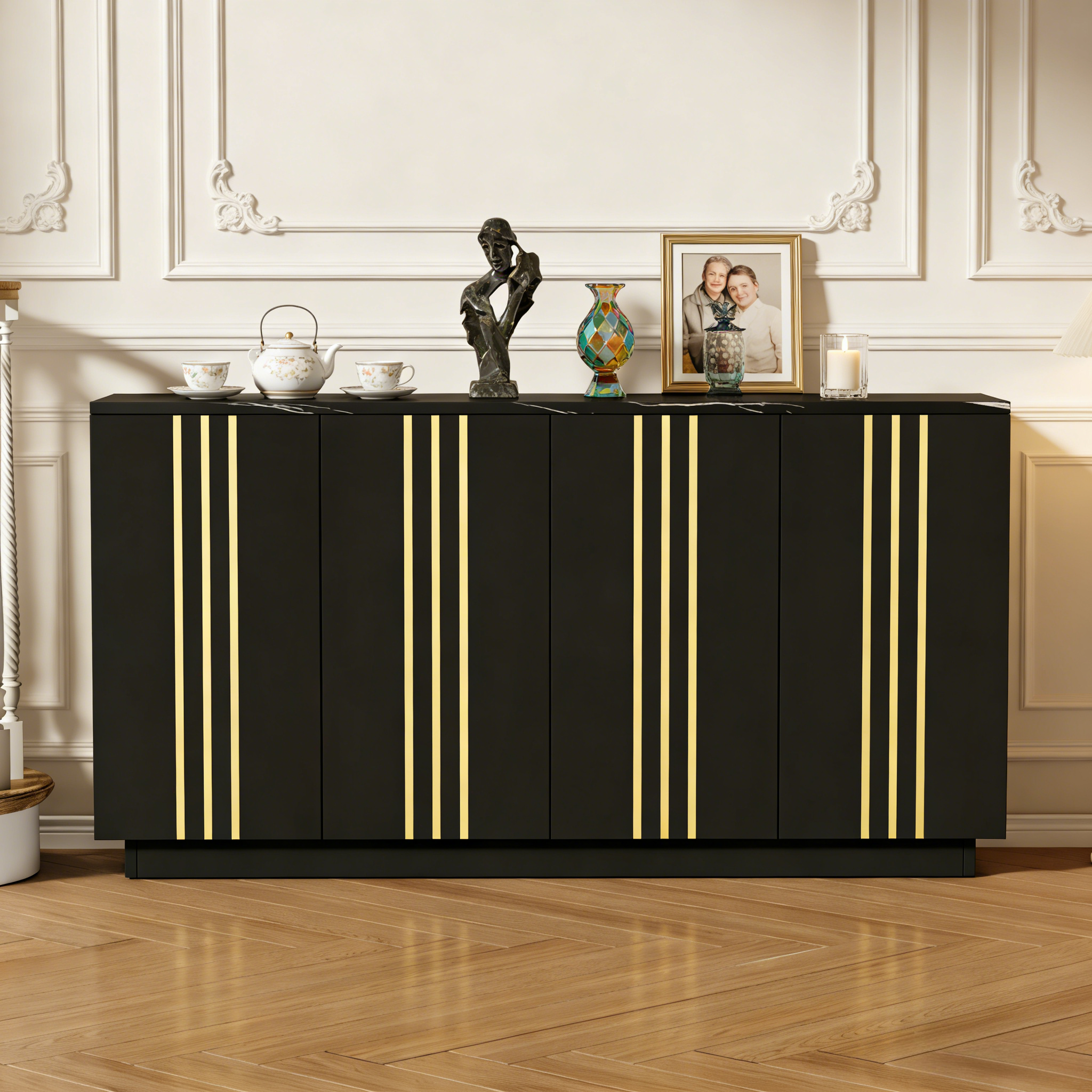 Living Room Sideboard,Storage Cabinet With 4 Doors,35 X 140 X 70 Cm.Design With Gilded Lines,Locker With Adjustable Dividers,Cabinet,Suitable For Living Room And Bedroom,Black-Gold