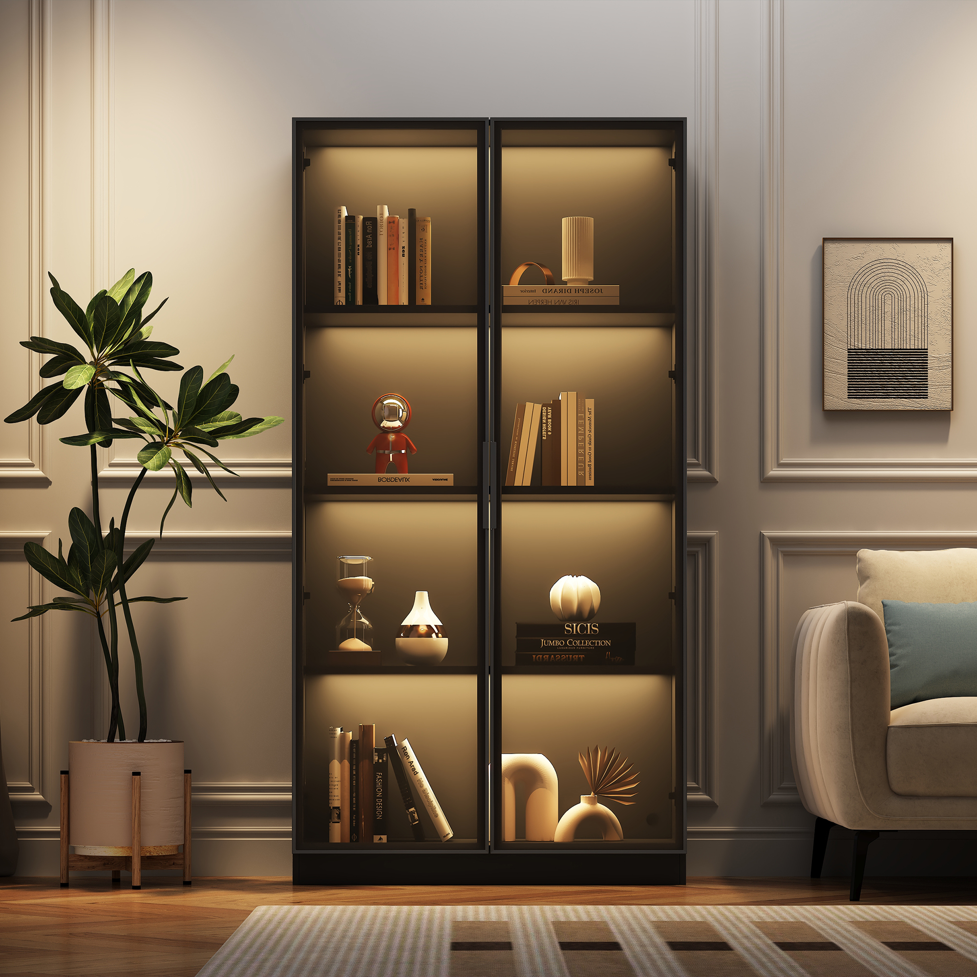 Glass Display Case With APP LED Lighting, Double Door Display Case With Movable Shelves, 80X40X160cm, Tall Cabinet For Living Room, Stand Display Cabi
