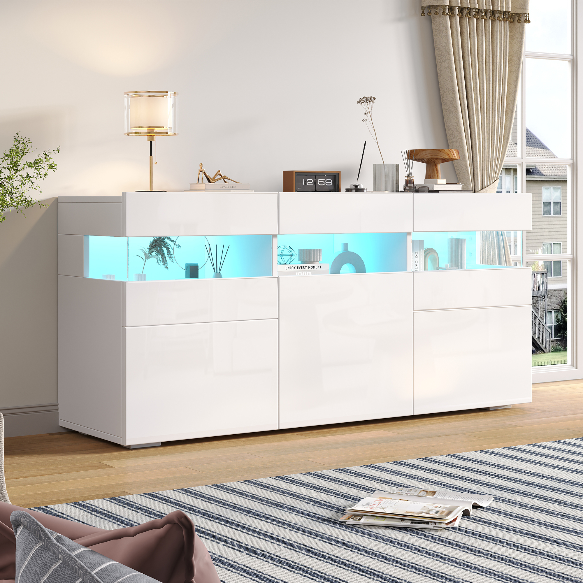 140x40.5x66.5cm Living Room Sideboard,3 Door Chest Of Drawers,High Gloss Living Room Cabinet With LED Light Strip,Transparent Acrylic Housing,Cabinet With 7 Storage Compartments,140cm Wide Cabinet,Whi