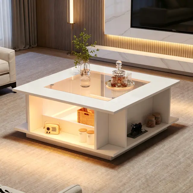 Quadratischer Couchtisch mit Glasplatte und LED, Weiß