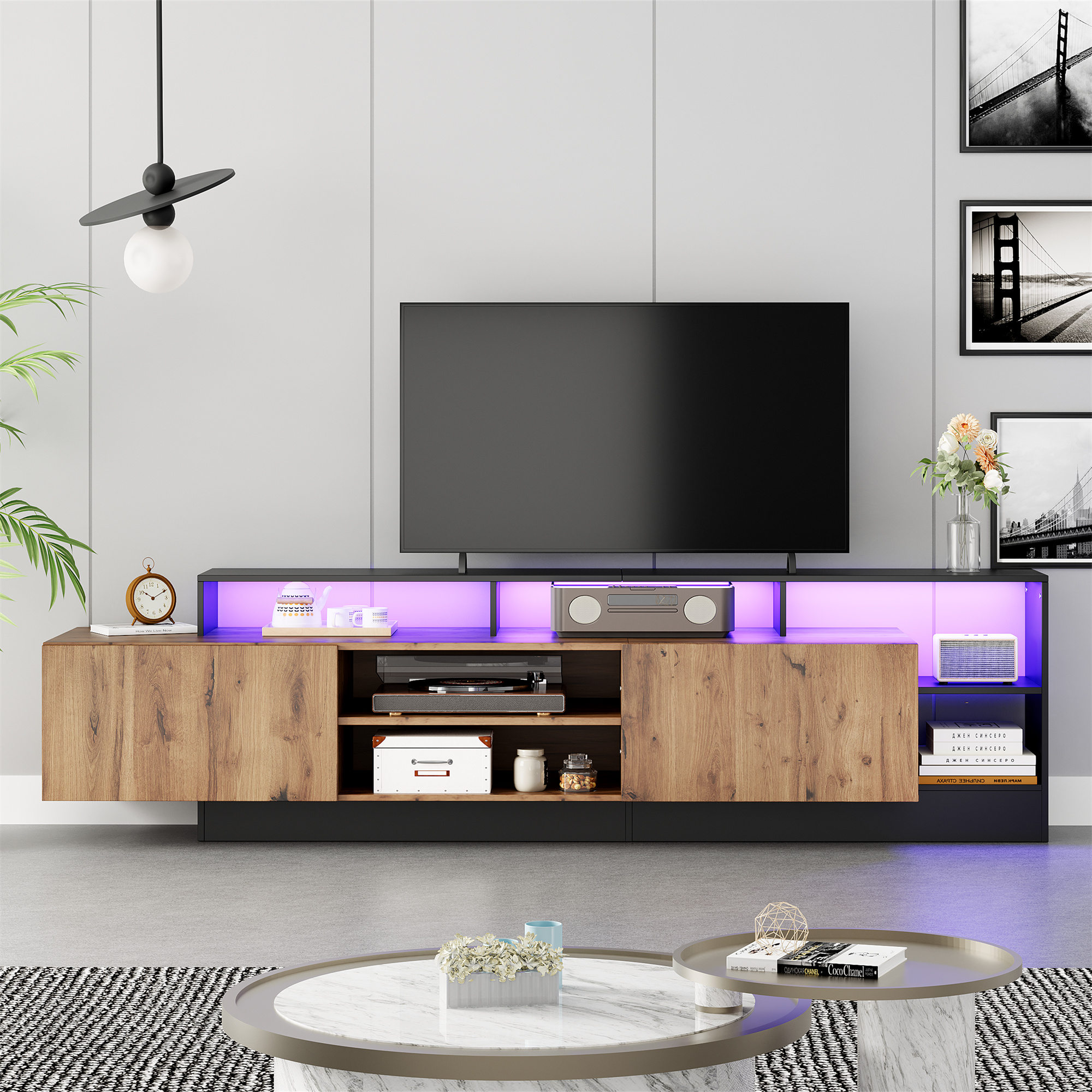 Modern TV Cabinet For TVs Up To 70 Inches, Open Storage Space With LED Displays, Suitable For Bedroom And Living Room Cabinet, Cabinet In Original Wood Color With Black Frame