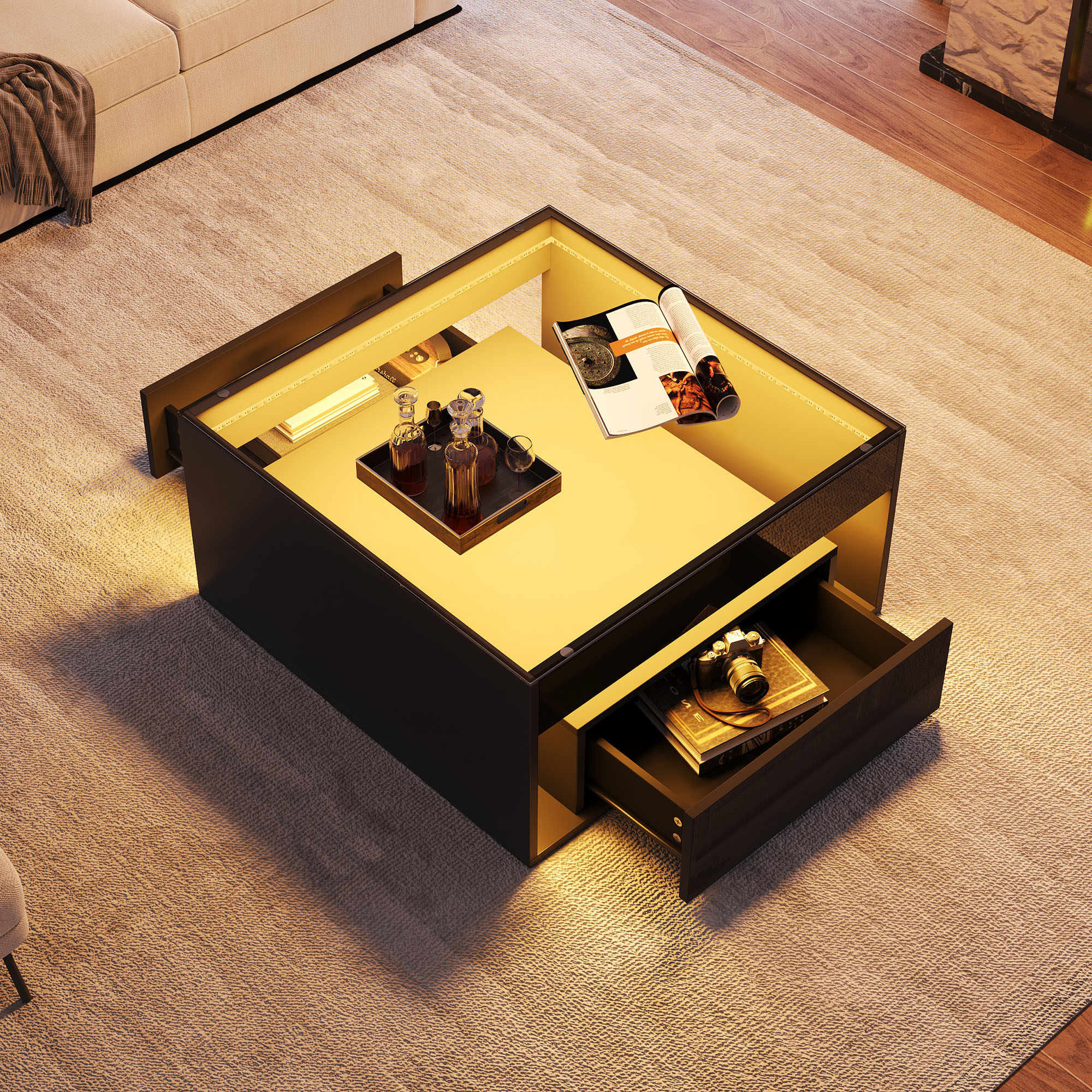 Table basse 70 x 70 x 35 cm, table d'appoint avec 2 tiroirs, table de canapé – Image 5
