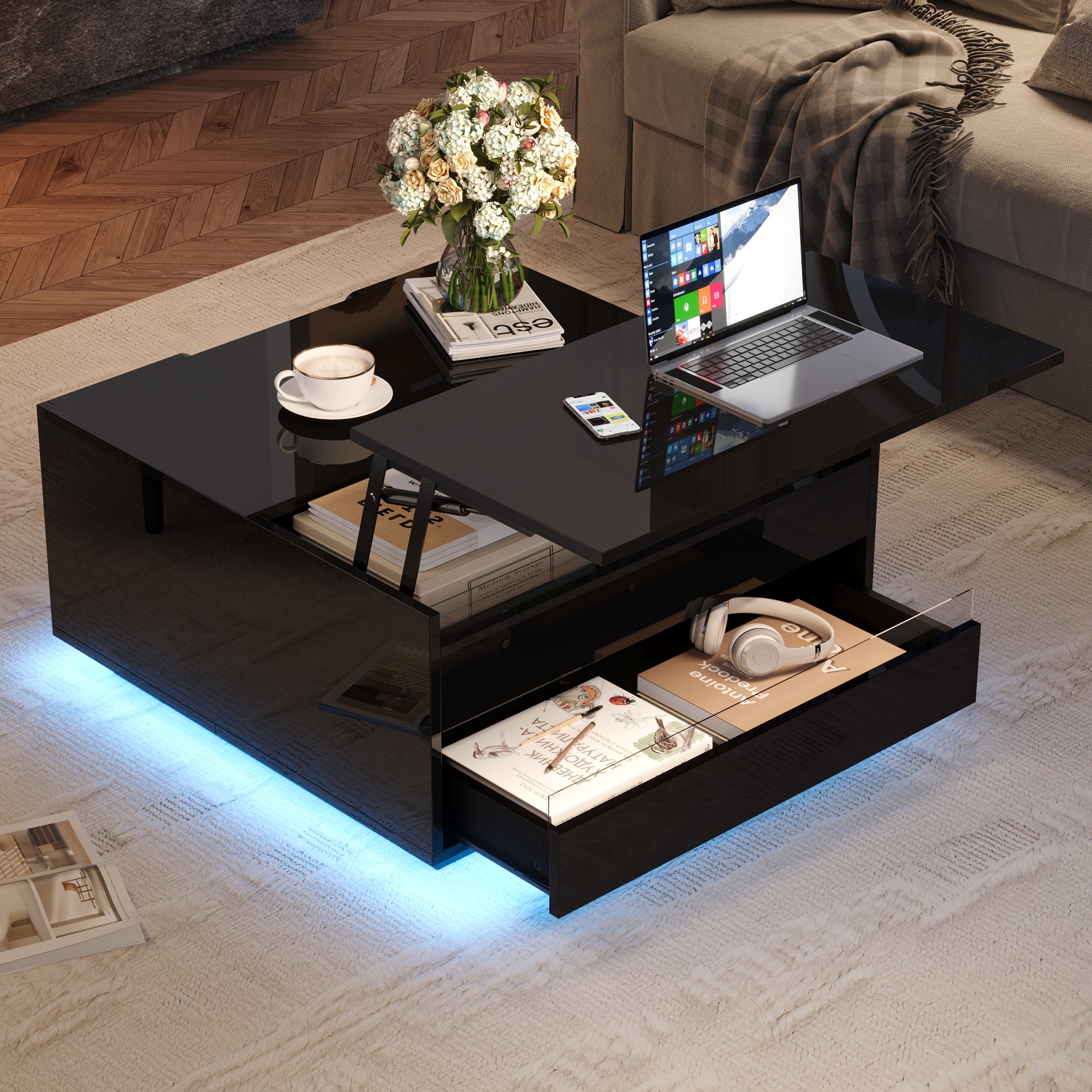 70x70x38cm Living Room Coffee Table, Liftable Coffee Table With LED Light Bar,Sofa Table With 1 Drawer,High Gloss Side Table With Hidden Storage And Flip-Up Doors,Black
