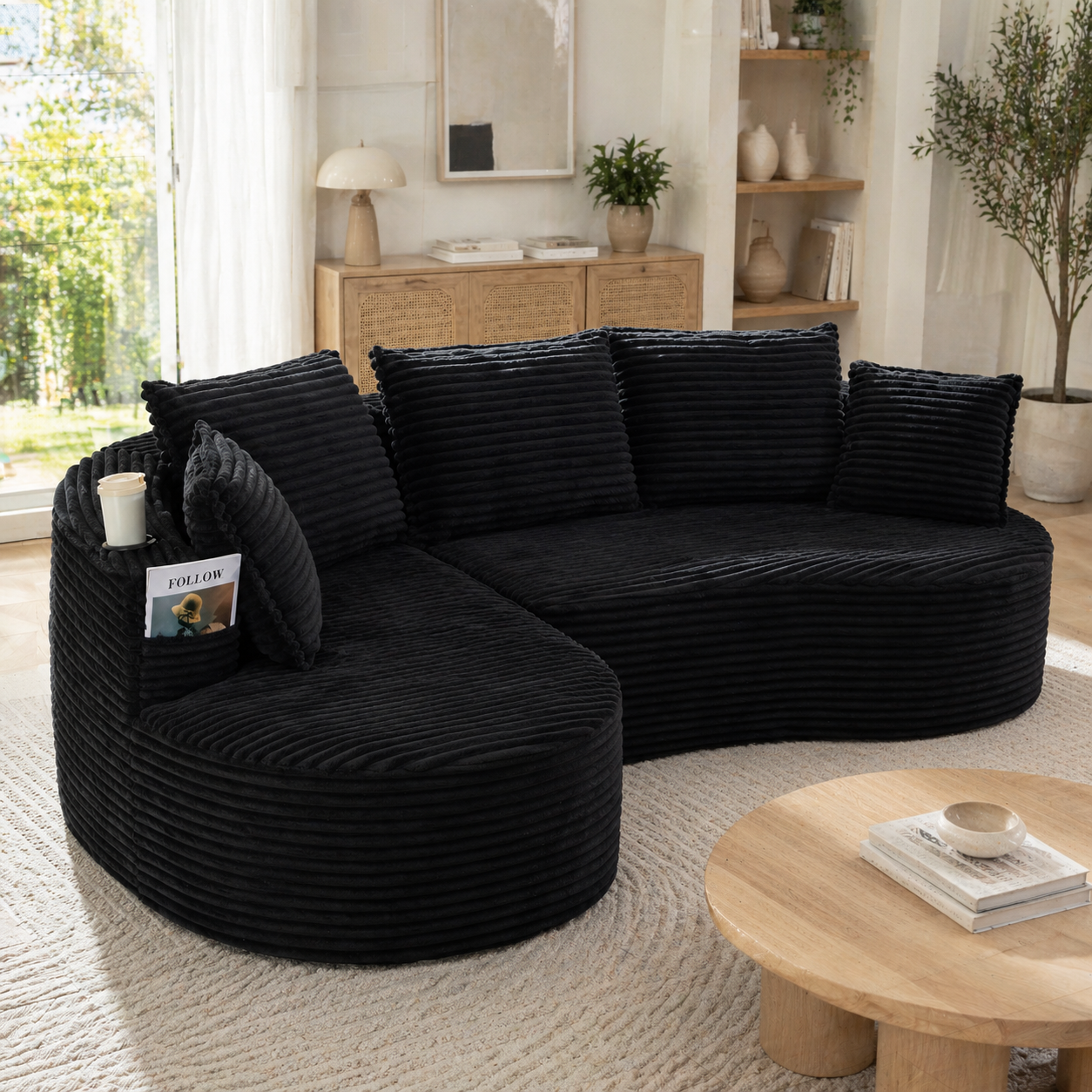 Corduroy Bow Sofa  Soft, Breathable, With Cup Holder & Storage Pocket. High-density Foam For Comfortable Seating. Incl. Cushion  Compressed, Ready For