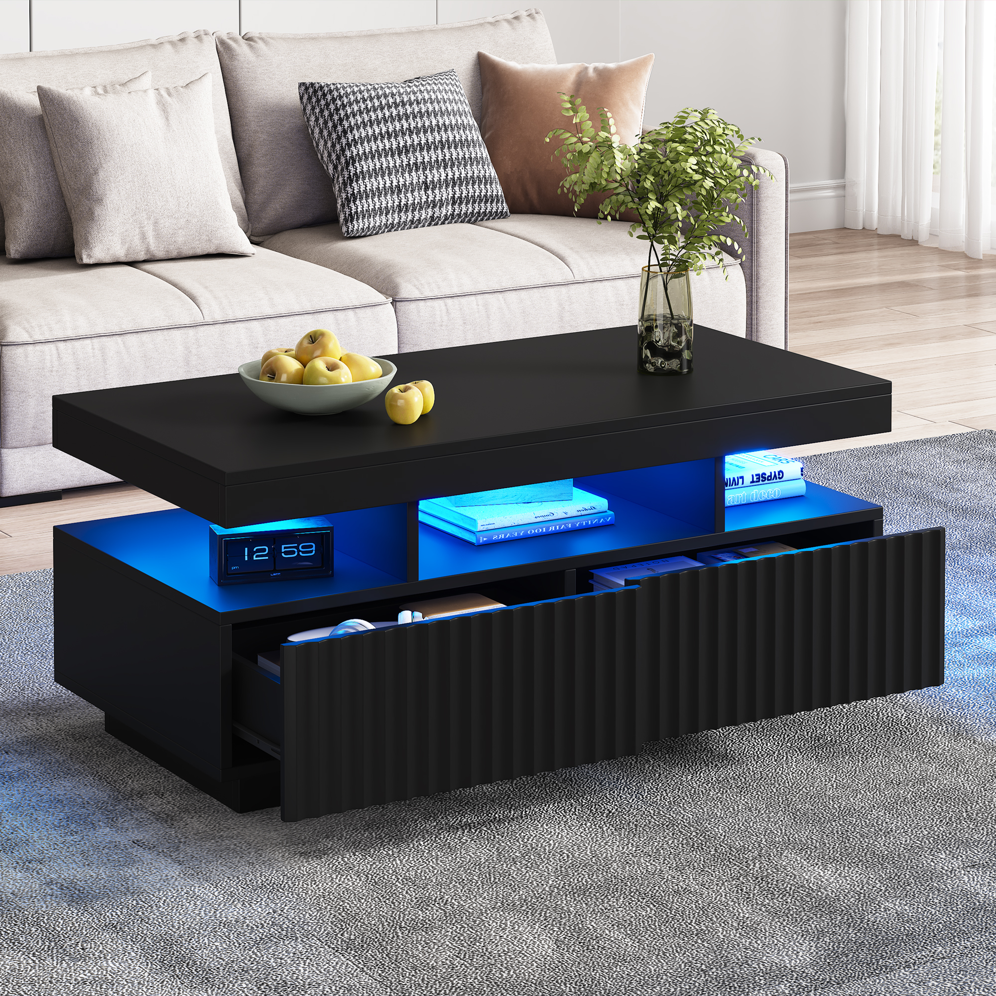 100 X 50 X 45 Cm Large Coffee Table With Two Drawers,Vertical Striped, Vacuum Molded Tea Table, Living Room Table,Coffee Table With LED Light Bar,Blac