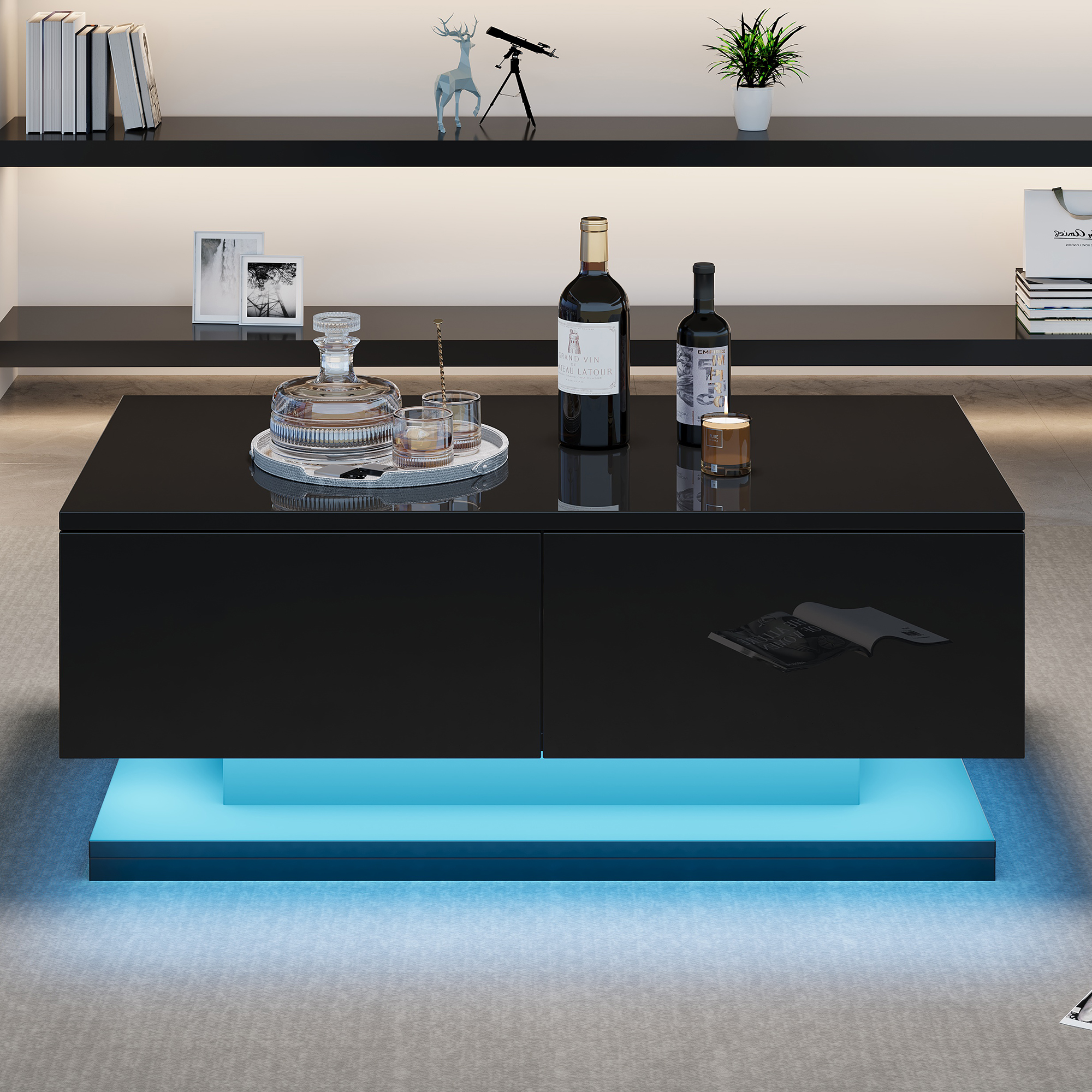 90 X 50 X 38 Cm Black High-gloss Coffee Table With 2 Drawers, Featuring Atmospheric LED Lighting Controlled Via A Mobile App.