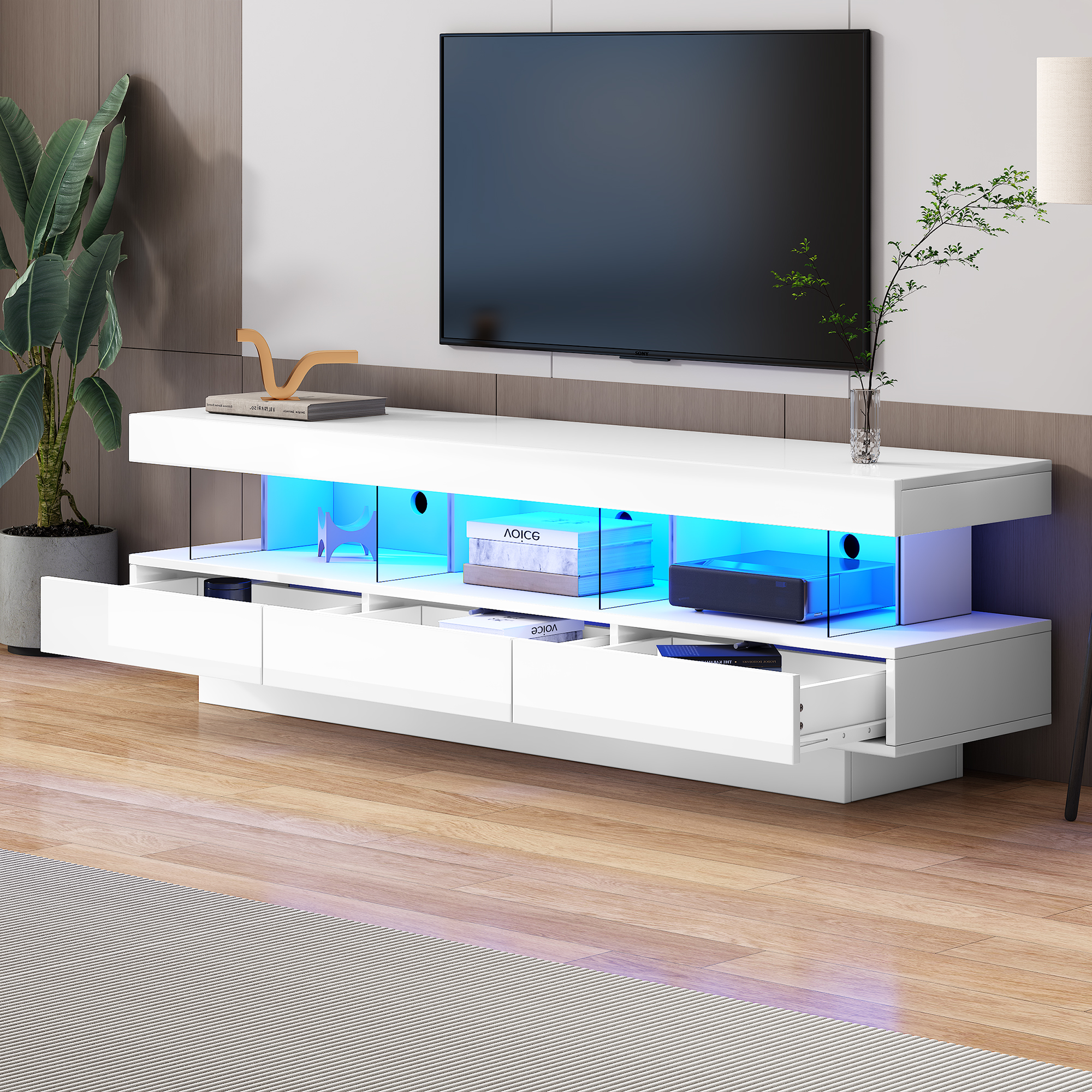 160x38x50.5cm White High Gloss TV Cabinet With 3 Glass Compartments, LED Lighting, App Control, Bluetooth Connected, For 70 Inch TV,High Gloss With Gl