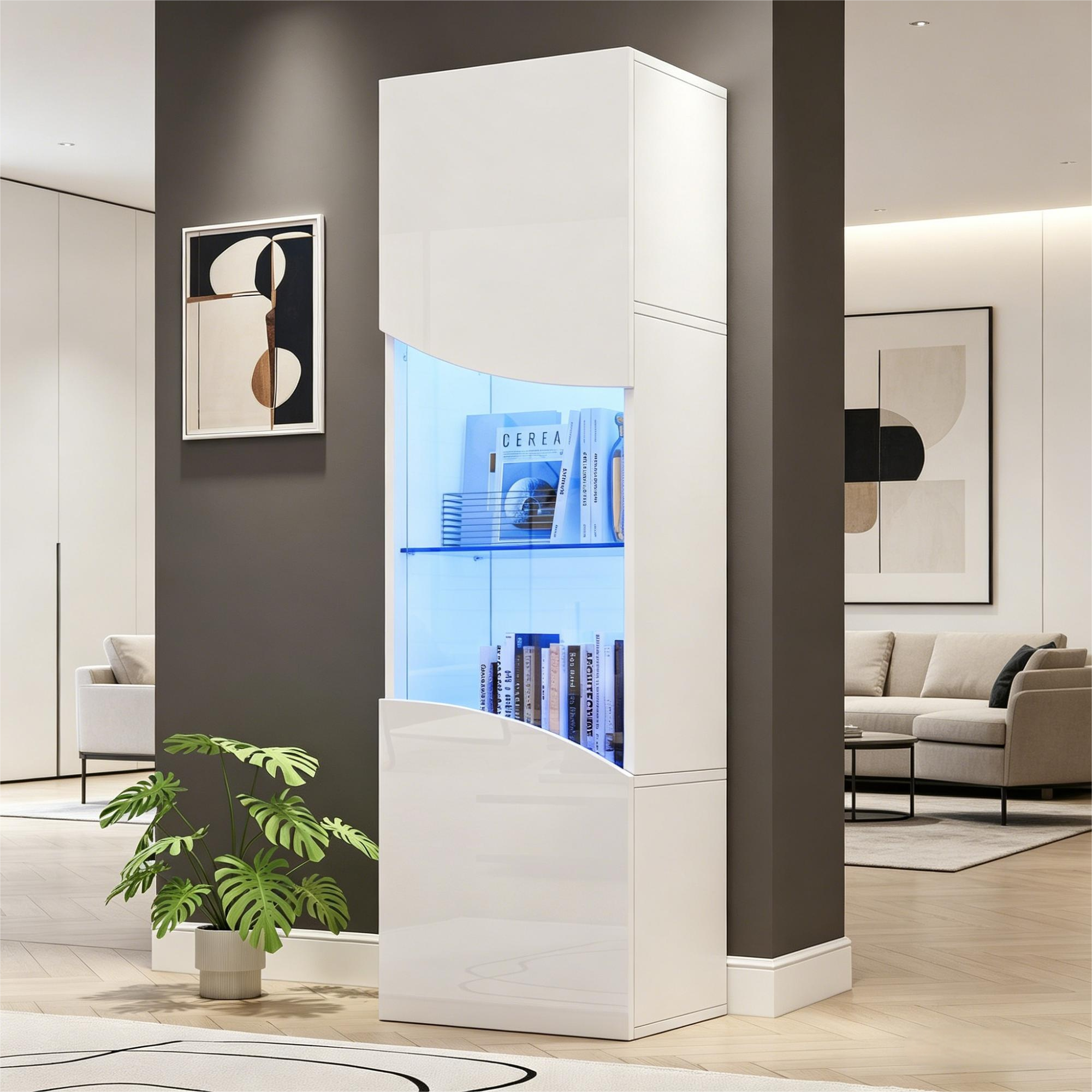 35X50X165cm Living Room Display Cabinet,High Gloss Display Cabinet  Cabinet Doors ,Tall Cabinet With Large Storage And LED Lighting.Concave Arc Wave Surface Design,White