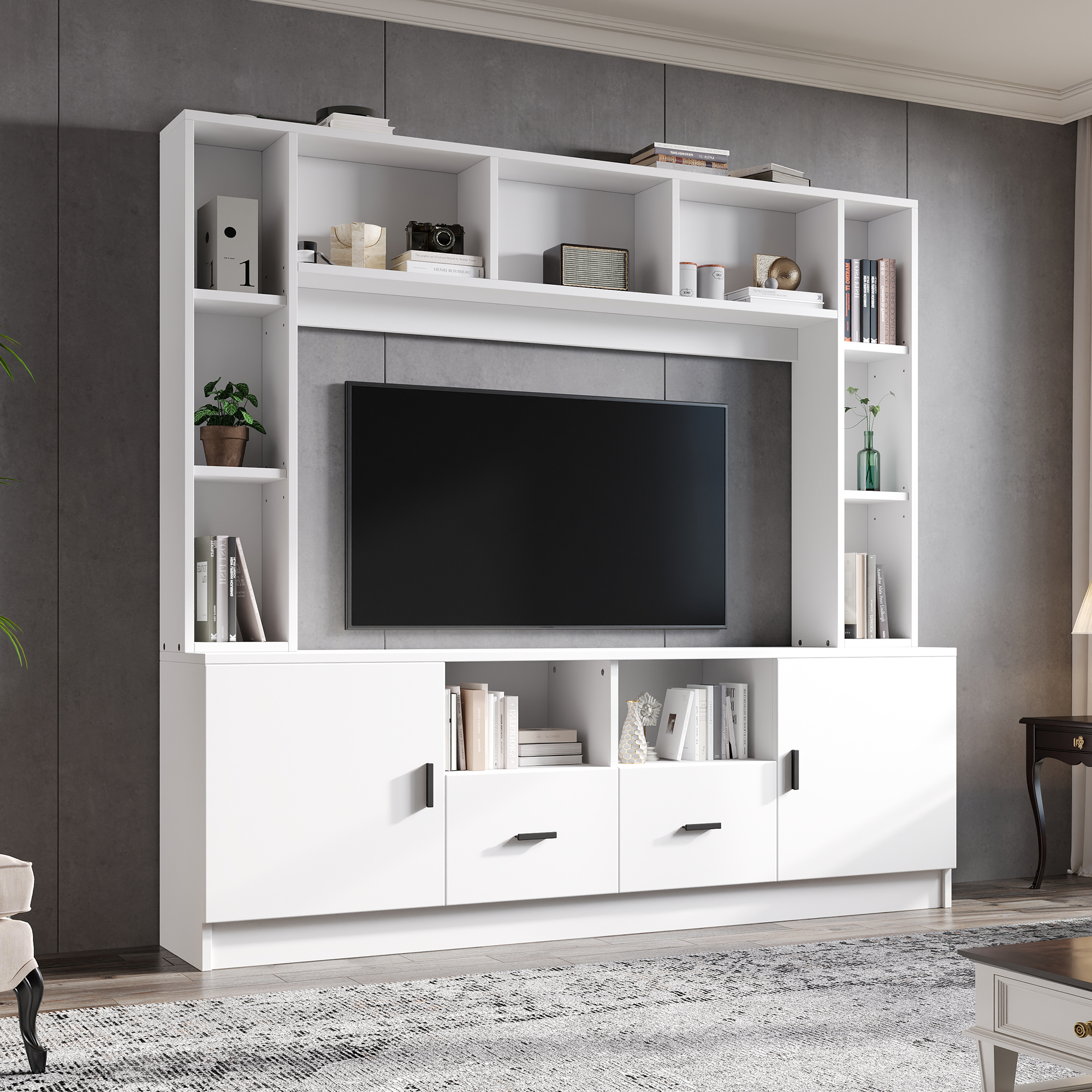 180x35x170cm TV Wall Unit Set With Showcase, Media Wall Incl. TV Board Set And Shelf,TV Living Room Furniture Set With 2 Cabinets, 2 Drawers, 11 Stora