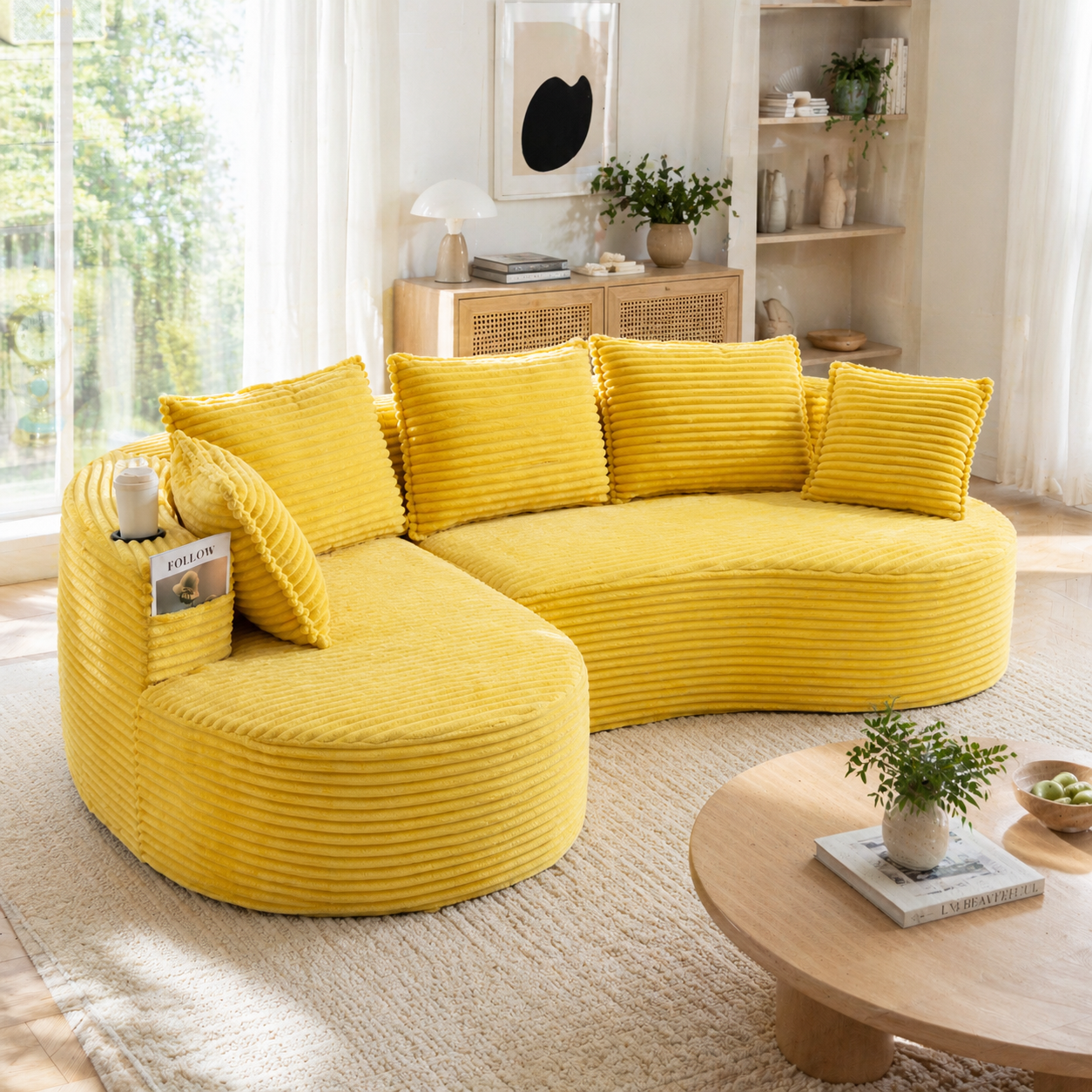 Corduroy Bow Sofa  Soft, Breathable, With Cup Holder & Storage Pocket. High-density Foam For Comfortable Seating. Incl. Cushion  Compressed, Ready For