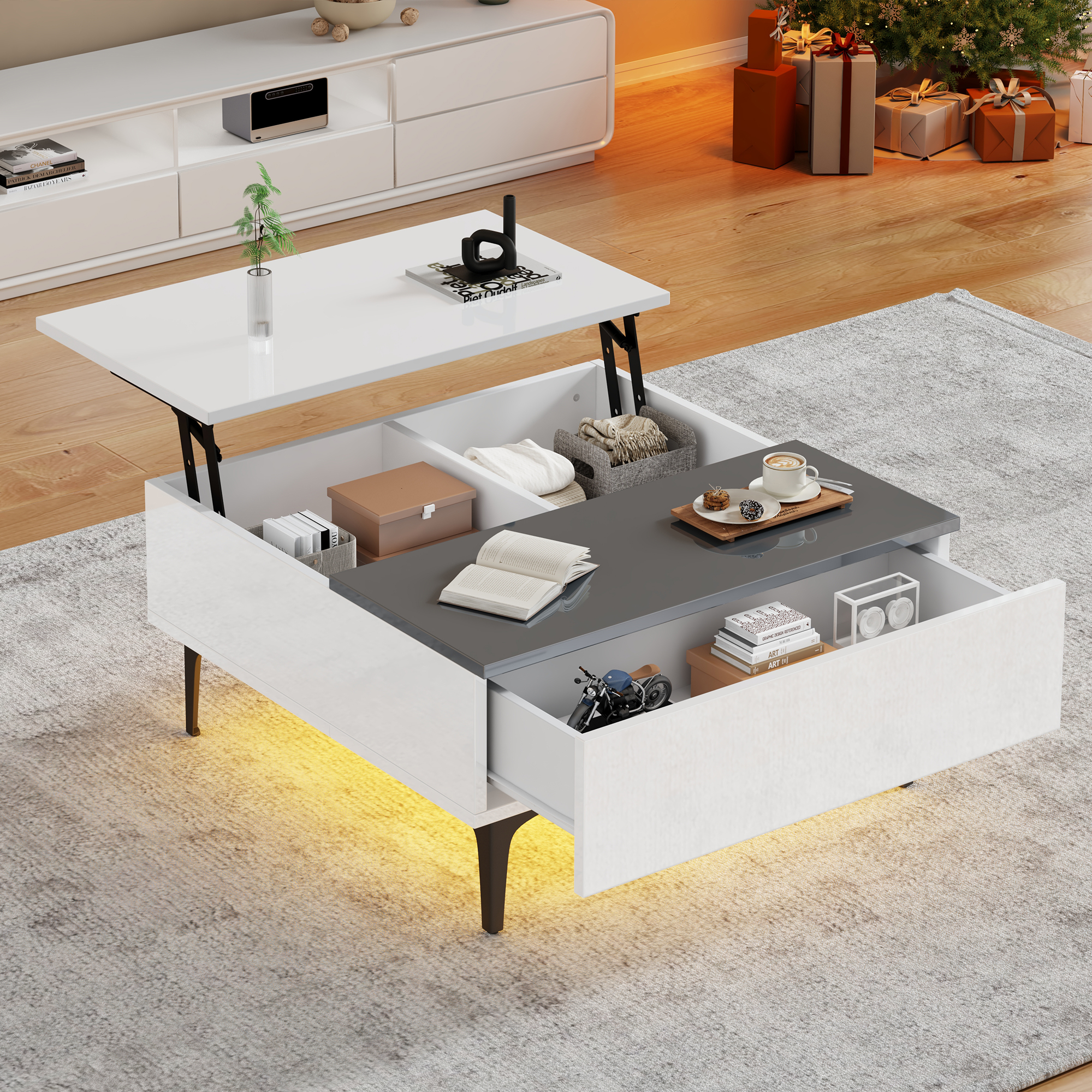 Table basse 70x70x35cm, table basse réglable en hauteur avec rangements et étagères