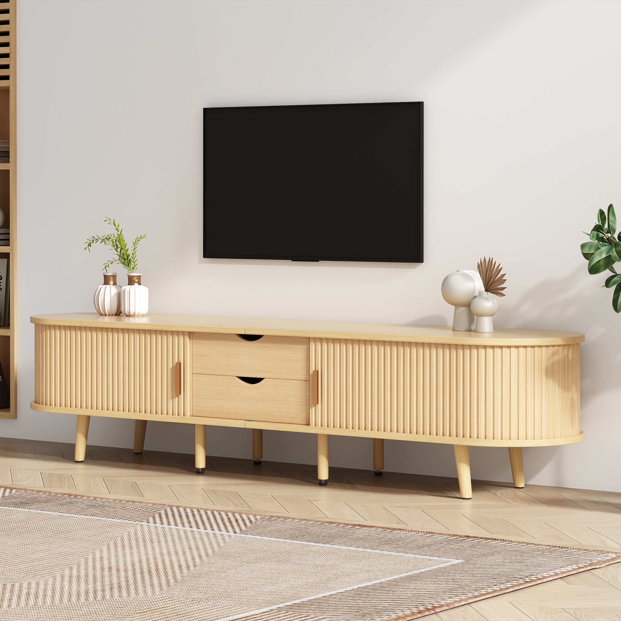 Living Room TV Cabinet With Storage  Round Table Top MDF Wood Grain 2 Drawers, Load Capacity 30KG Size 175 X 40 X 42cm