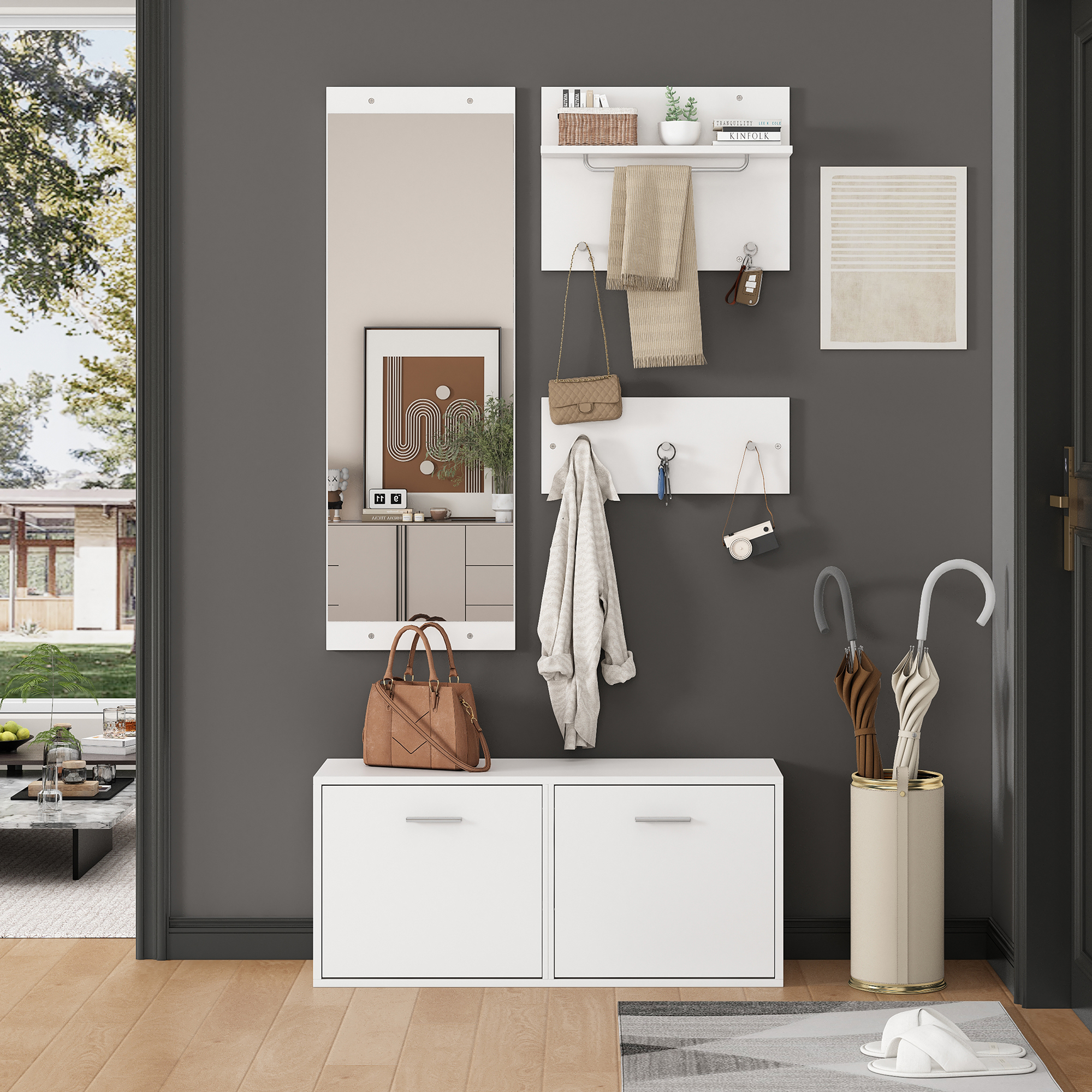 90x30x41.5cm Coat Rack Set 4 Pieces With Mirror, 2 Hat Rack And Shoe Cabinet.Hallway Coat Rack Clothes Rack Set,Hallway Coat Rack Set,Compact Coat Rack With 6 Coat Hooks,White