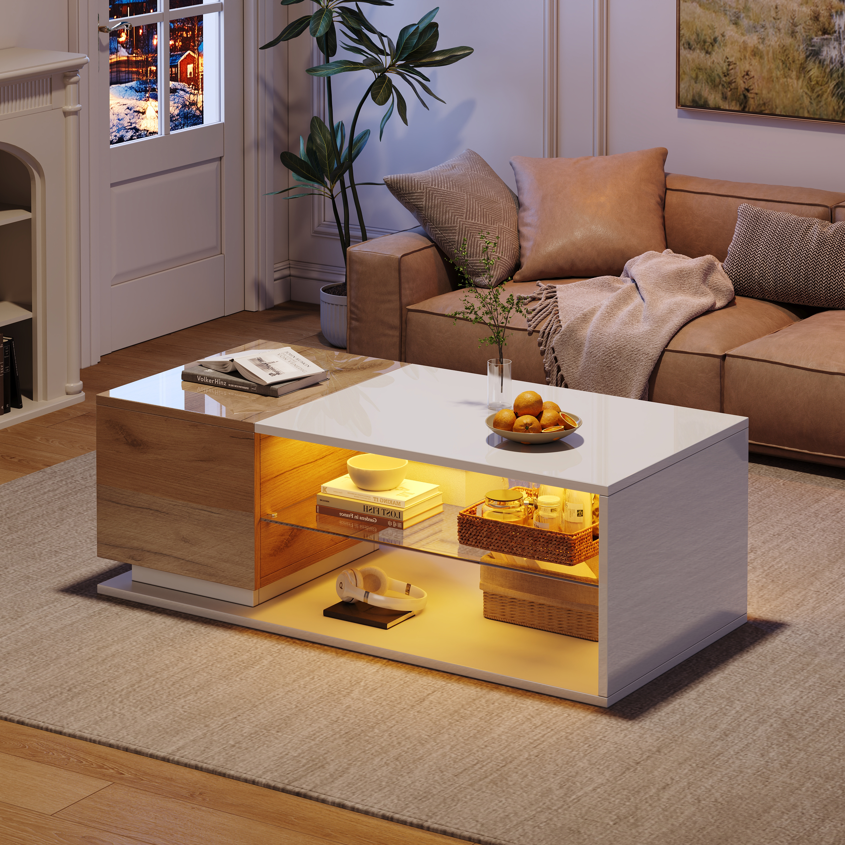 LED Coffee Table, High Gloss Coffee Table, Living Room Table With Lighting And LED Light Strip, Coffee Table With Storage, 105x50x36cm