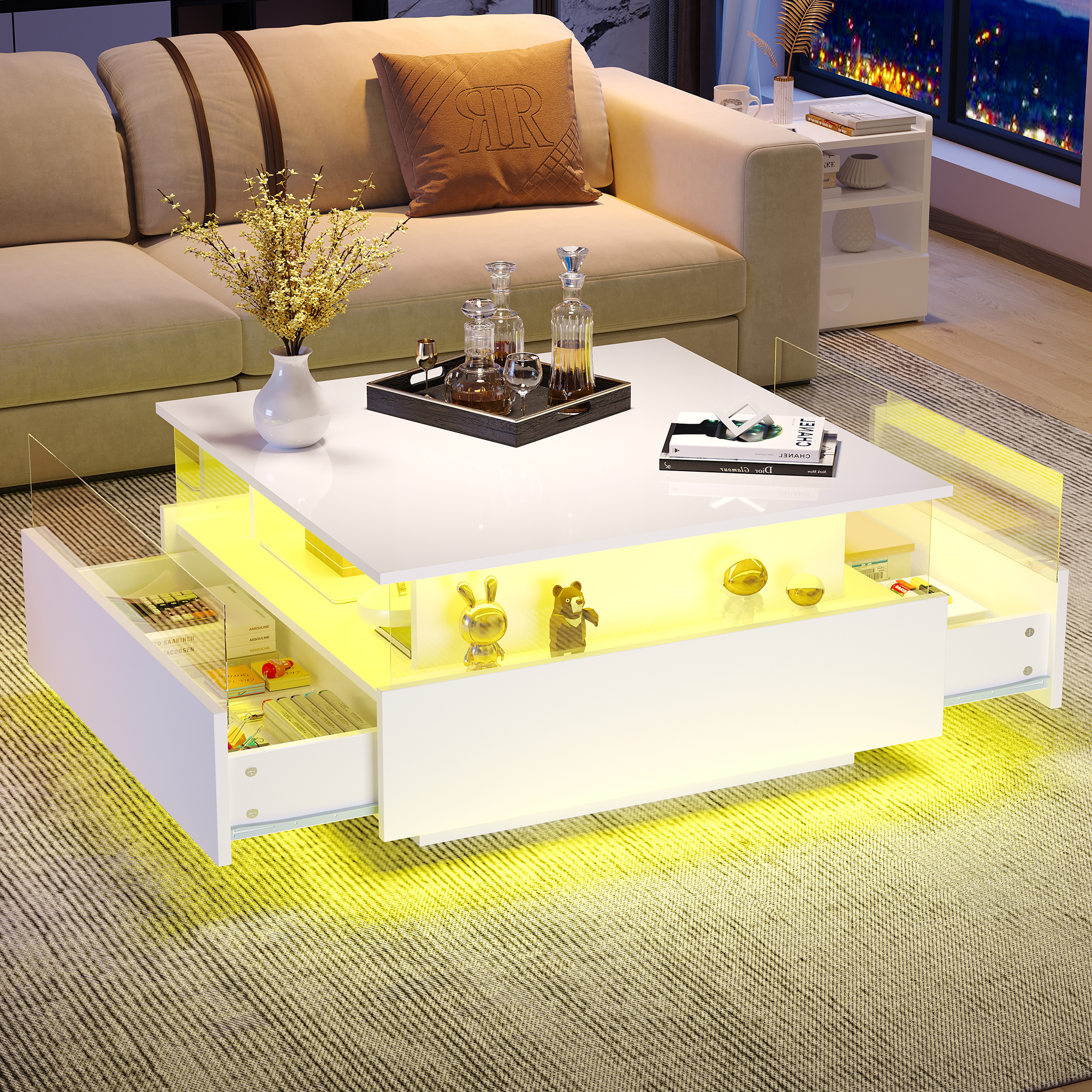 Table basse LED moderne haute brillance 70 x 70 x 41 cm avec 2 tiroirs