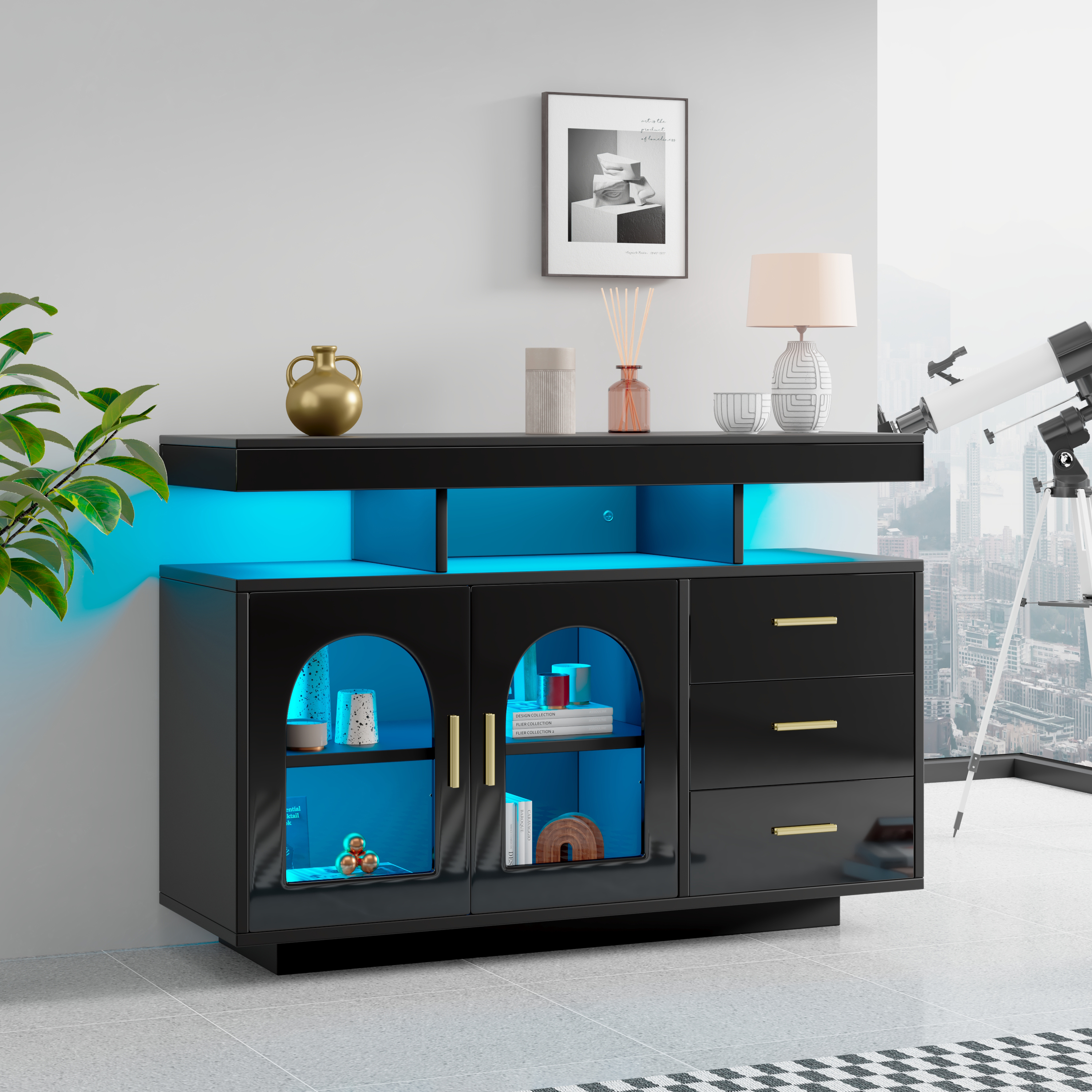 323704705BAA LED Sideboard Buffet Cabinet, 120cm Coffee Bar Cabinet, Drawer Cabinet, Living Room Sideboard, High Gloss Kitchen Cabinet With 16 Color L