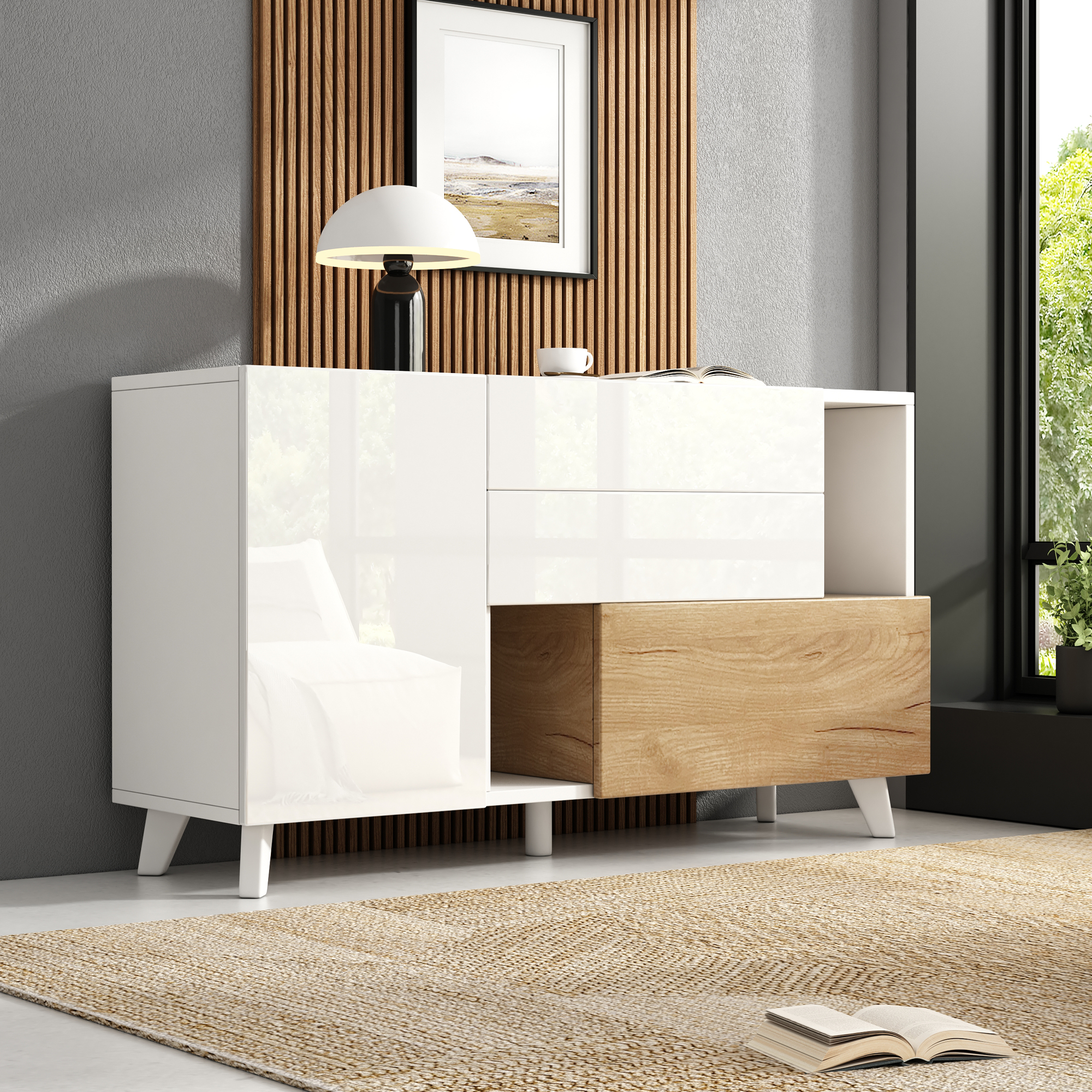 High Gloss White Original Wood Colored Sideboard With Storage, Dining Sideboard With Storage, Modern Living Room Cabinet