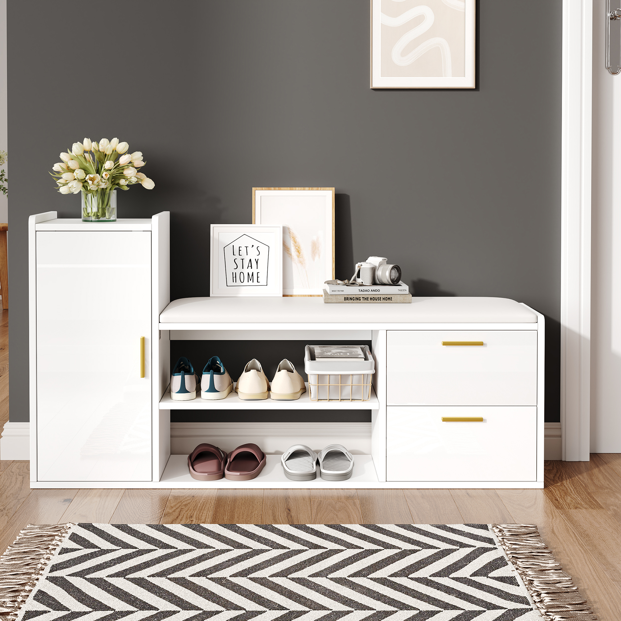128x30x68cm Shoe Cabinet Shoe Rack With 2 Drawers 1 Cabinet, High Gloss Shoe Benches Benches With Upholstered And Storage Space, Suitable For Living Room, Hallway, Office, White