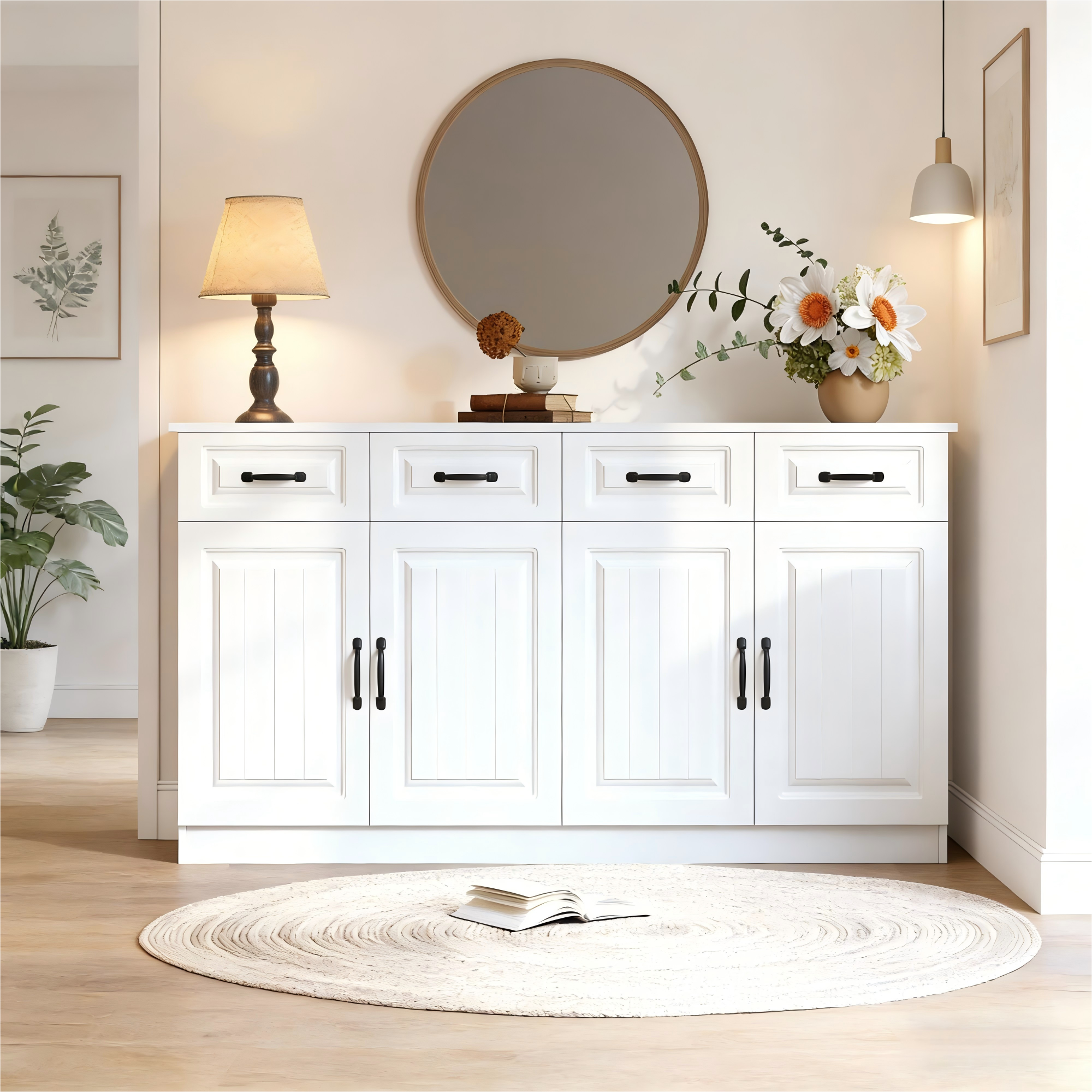 White Sideboard,MDF Chest Of Drawers With 4 Drawers And 4 Doors, 2 Shelves, Fluted Design And 8 Metal Handles, Large Upper Storage Space For Living Ro