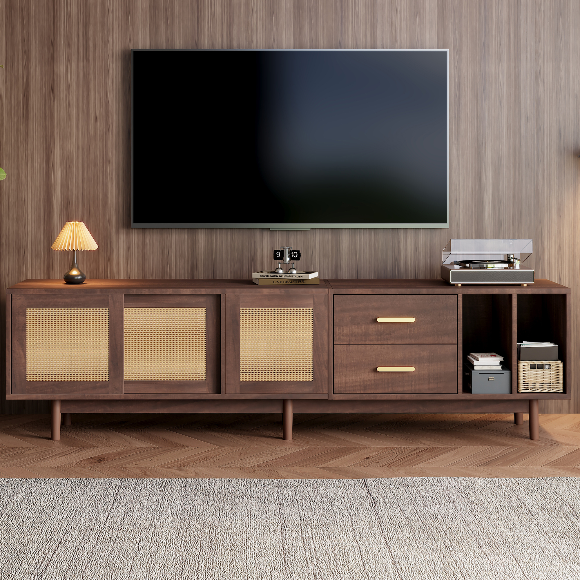 190x40x52cm Storage Cabinet, Lowboard TV Cabinet With Drawers, Brown Rattan MDF Material TV Stand, 6 Support Legs Design, Multifunctional Living Room Storage Cabinet, 75 Inch TV
