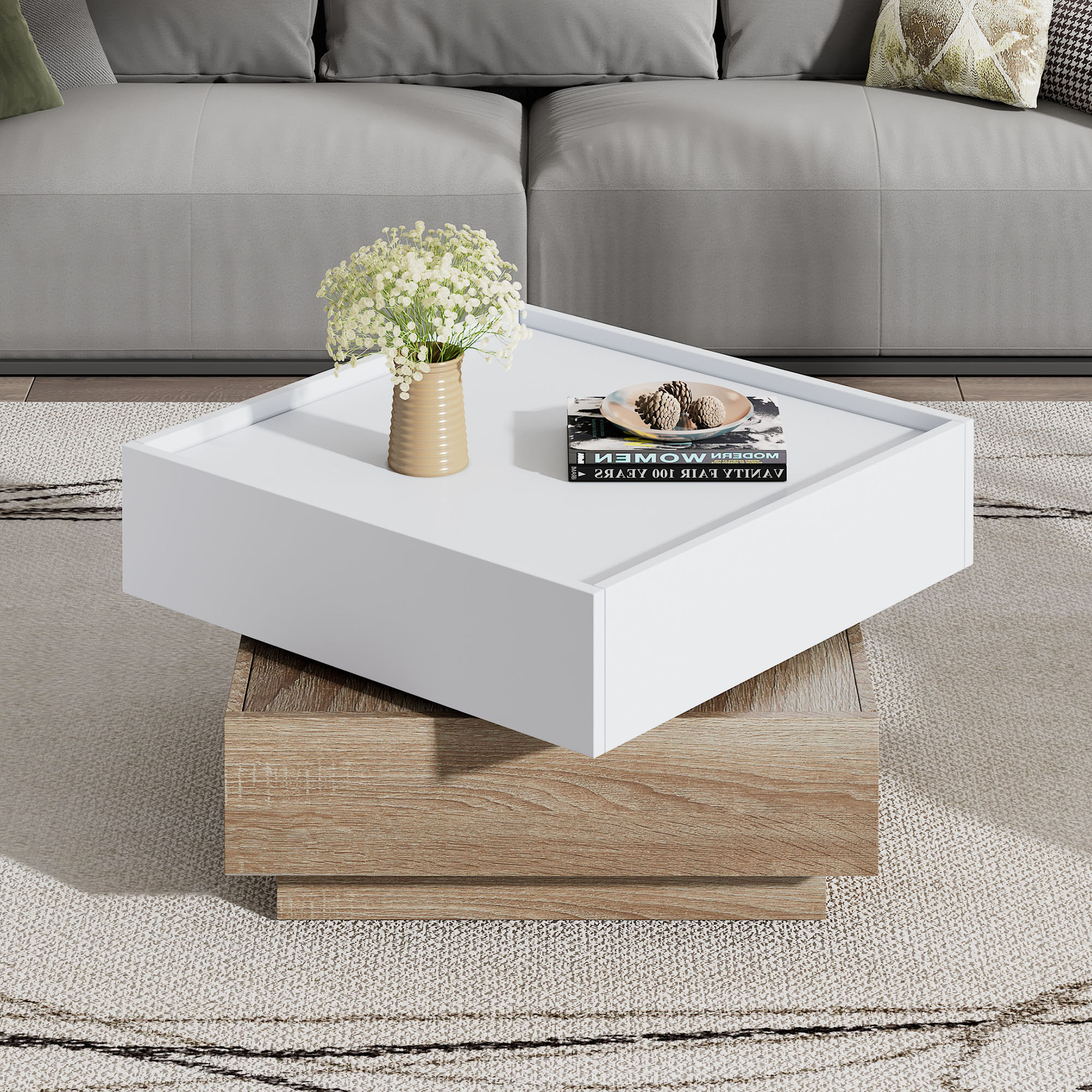 Functional Coffee Table Living Room Table, 360 Swivel , Swivel Table Top With 2 Tiers And Storage Cabinet, Side Table With Walnut Frame For Living Room, White,60x60x38cm