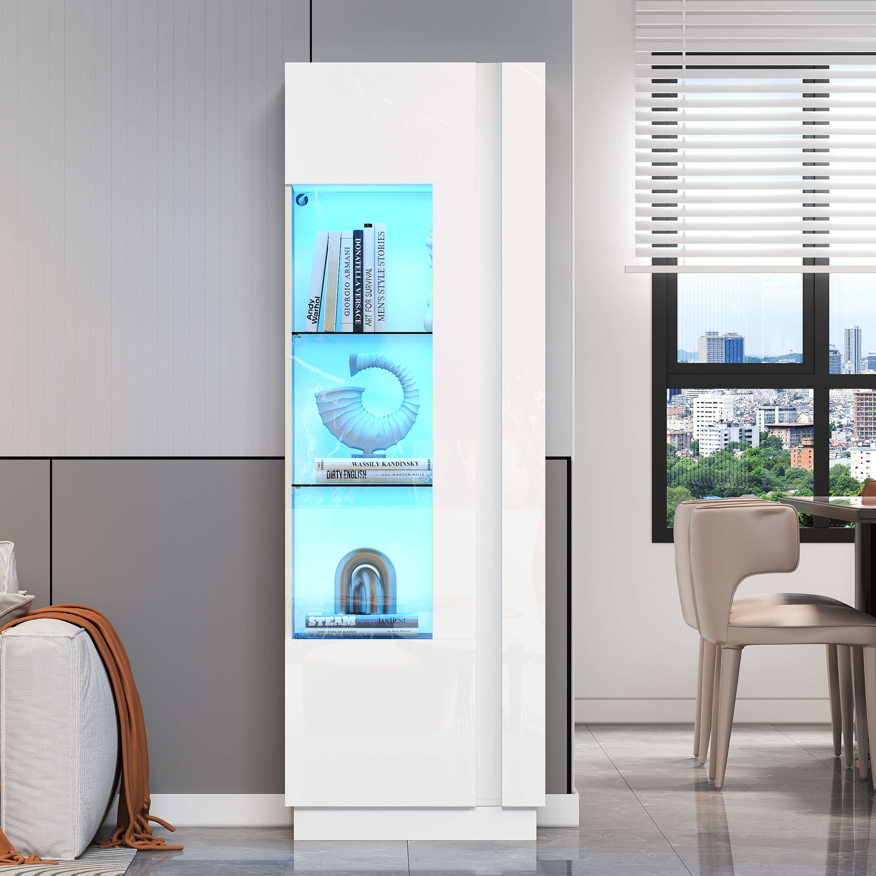 60x40x180cm Cabinet,Acrylic Display Cabinet Door,Display Cabinet High Gloss Storage Cabinet With LED Lighting, 3 Glass Shelves ,Highboard, Storage Cabinet, Tall Cabinet, Sofa Cabinet,White