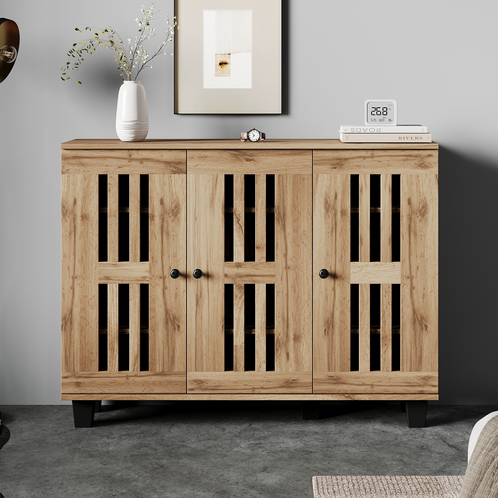Side Cabinet, Living Room Side Table, Sideboard, 3-door Wide Cabinet, 8 Divided Storage Compartments. Suitable For Living Room, Bedroom, Office And Entryway.