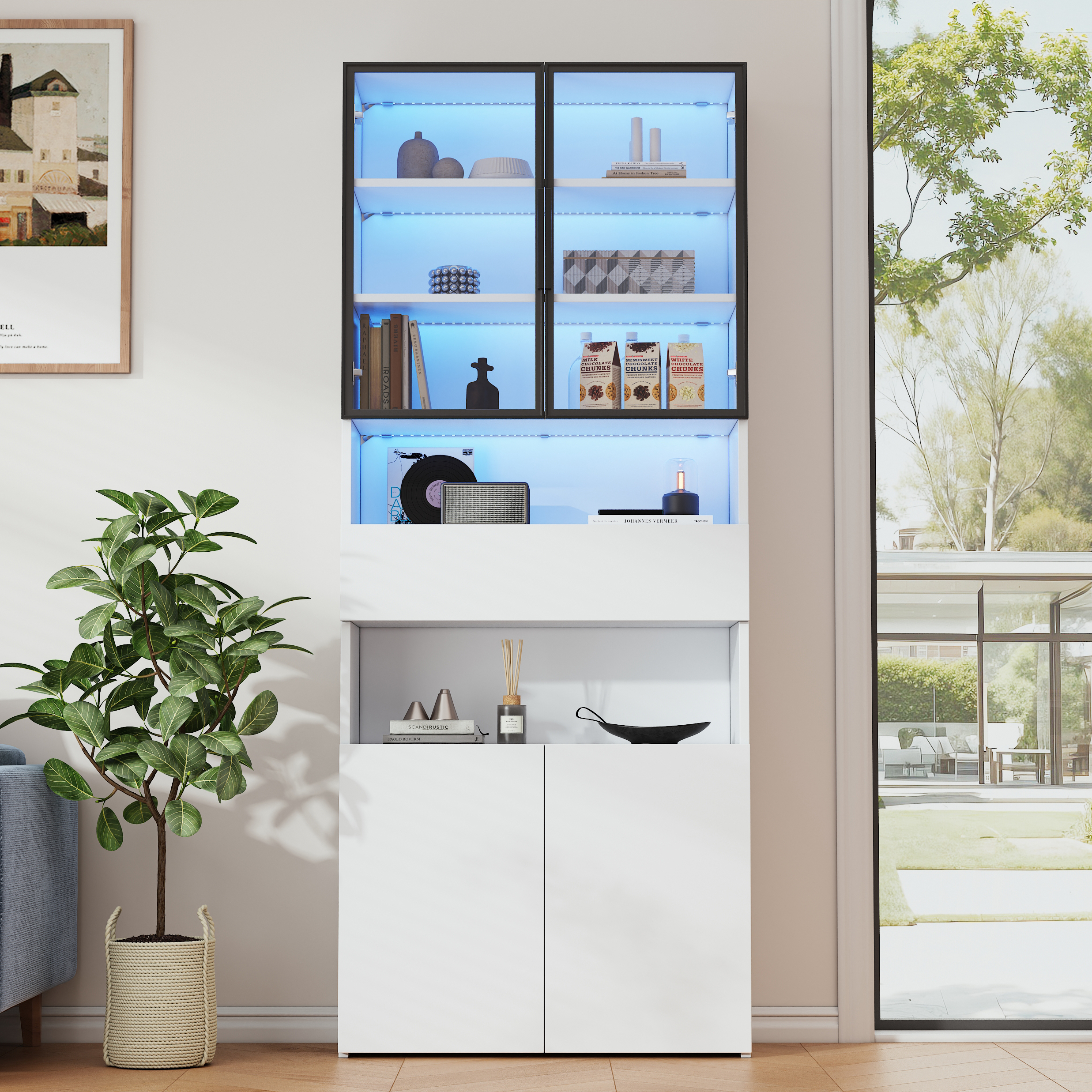 70x30x200cm Showcase,Showcase Cabinets With Drawers And Cabinets,Glass Showcase With Glass Doors And LED,High Cabinet With Open Storage Platform,Bookcase,Stand Showcase,White
