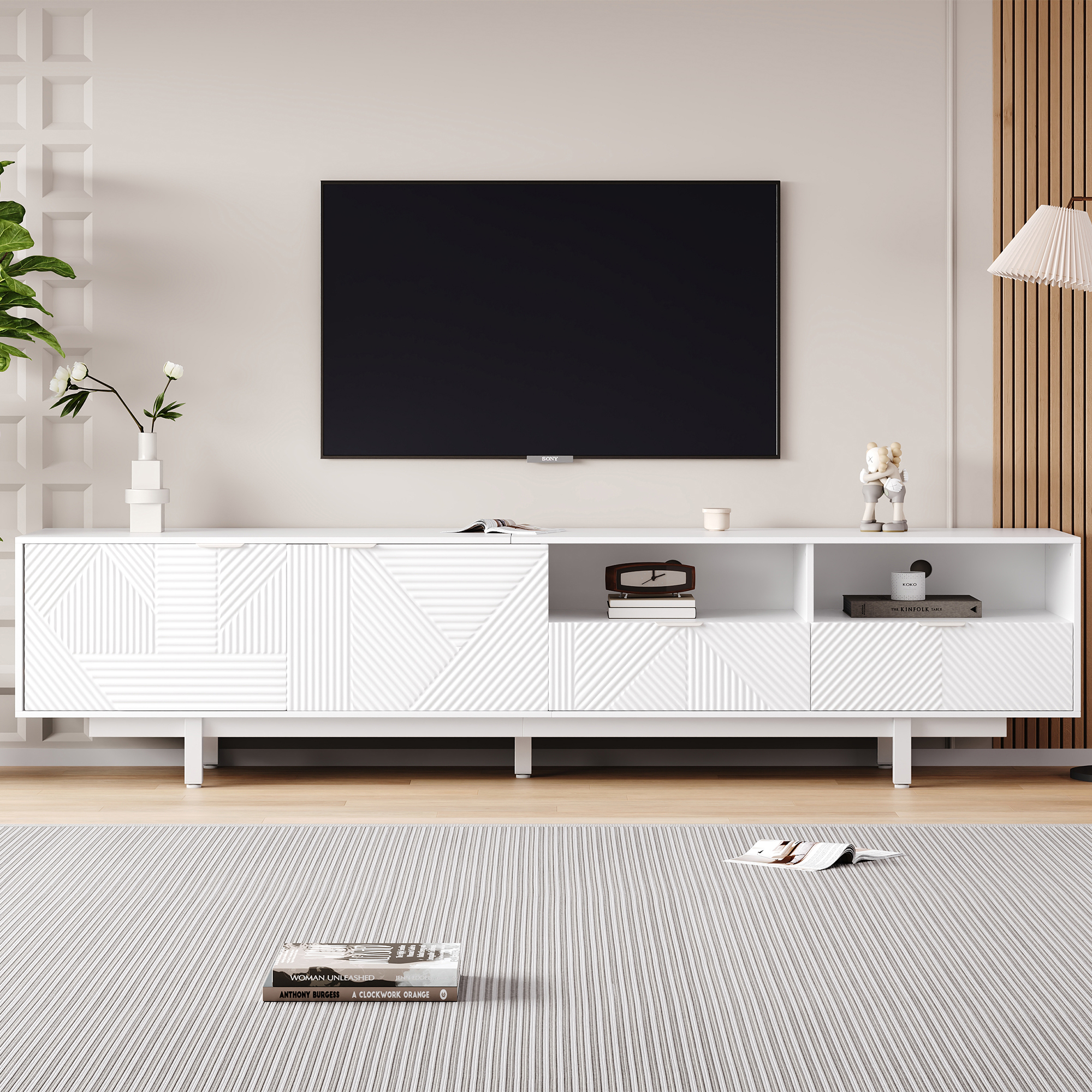 Modern Bohemian TV Cabinet, Abstract White Geometric Lines TV Cabinet, Modern Minimalist Cabinet Door Decoration With Storage Space, 200X40X51cm, Can Accommodate Up To 90 Inch TV