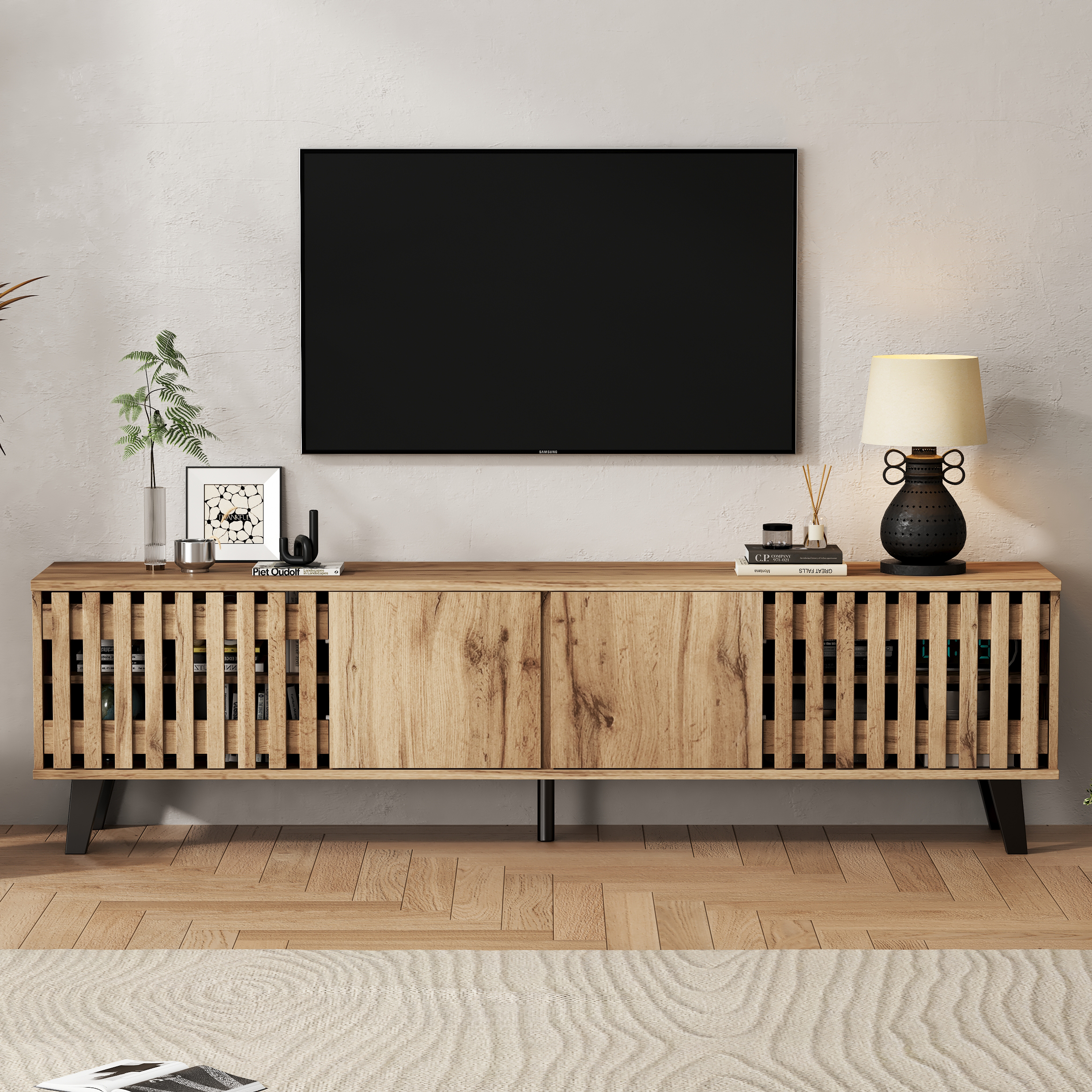 180 X 40 X 55 Cm TV Cabinet, Lowboards In Original Wood Color, 8 Separate Storage Compartments, TV Stand, TV Console Entertainment Center Suitable For 70 Inch TVs, Suitable For Living Room