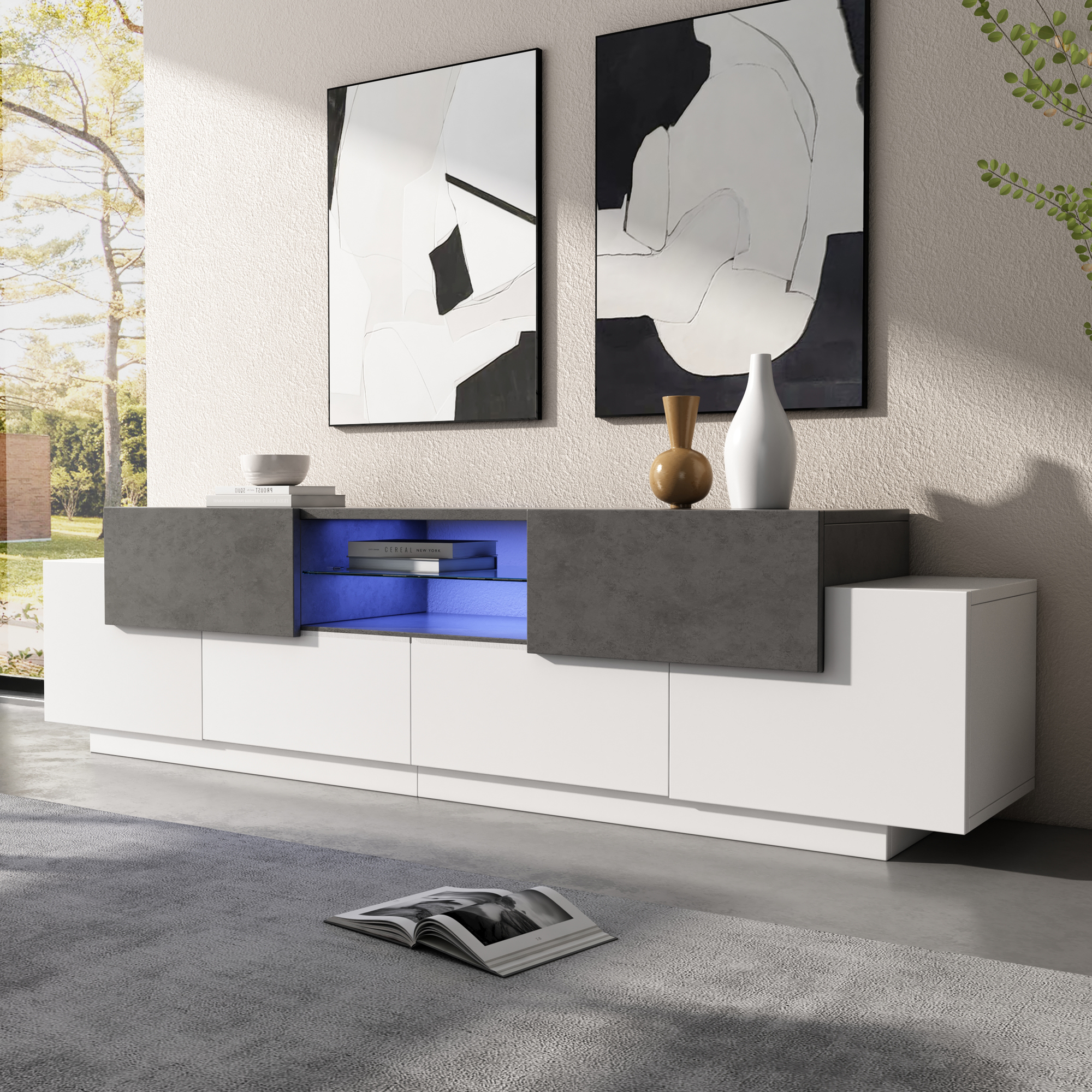 LED TV Cabinet, TV Dresser, Lowboard, Modern TV Entertainment Center With Glass Shelves For Living Room, Bedroom, TV Console With Storage, Gaming Medi