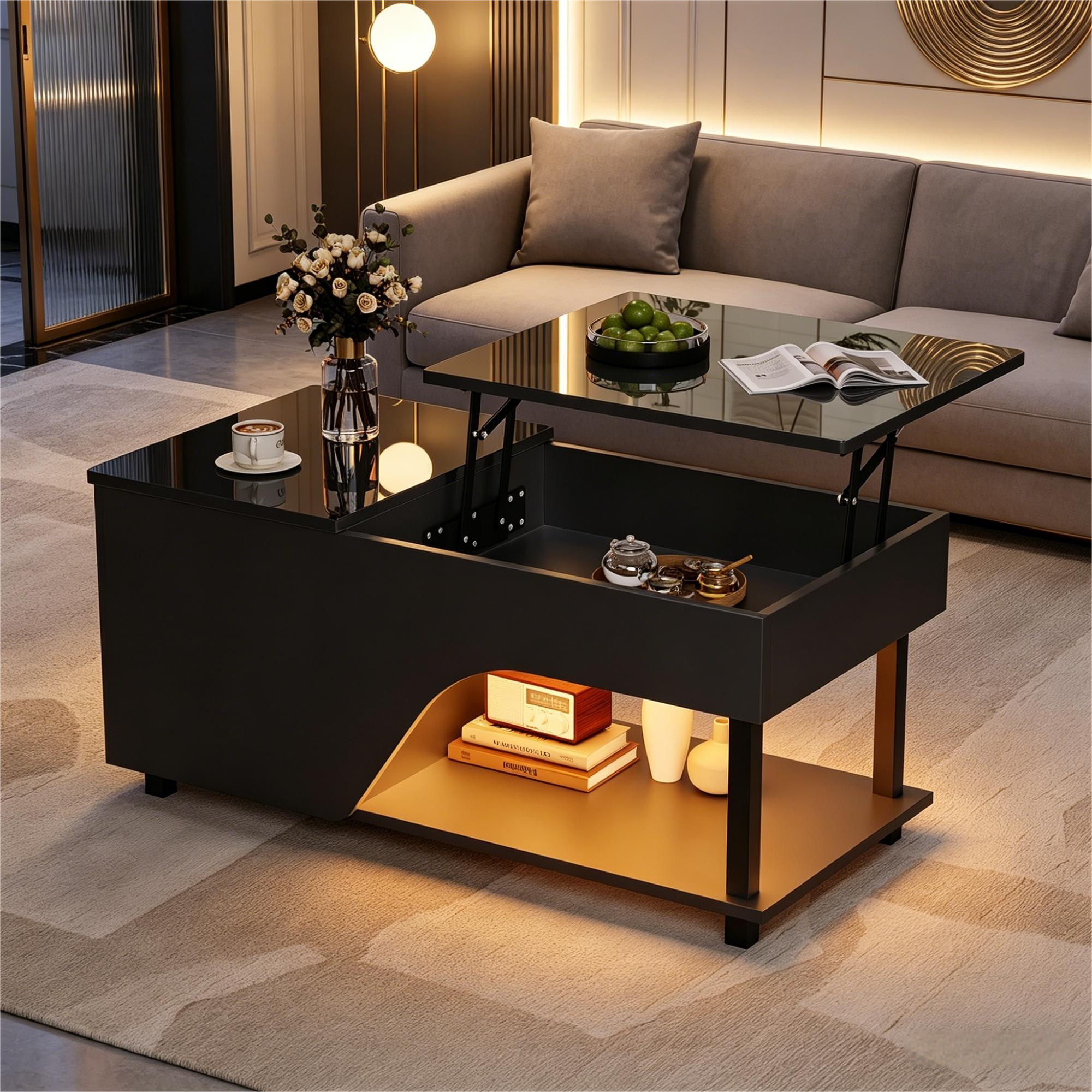 50 X 100 X 46cm Height Adjustable Living Room Coffee Table,Side Table With Hidden Storage,Openwork Coffee Table,High Gloss LED Sofa Table,Tea Table Wi
