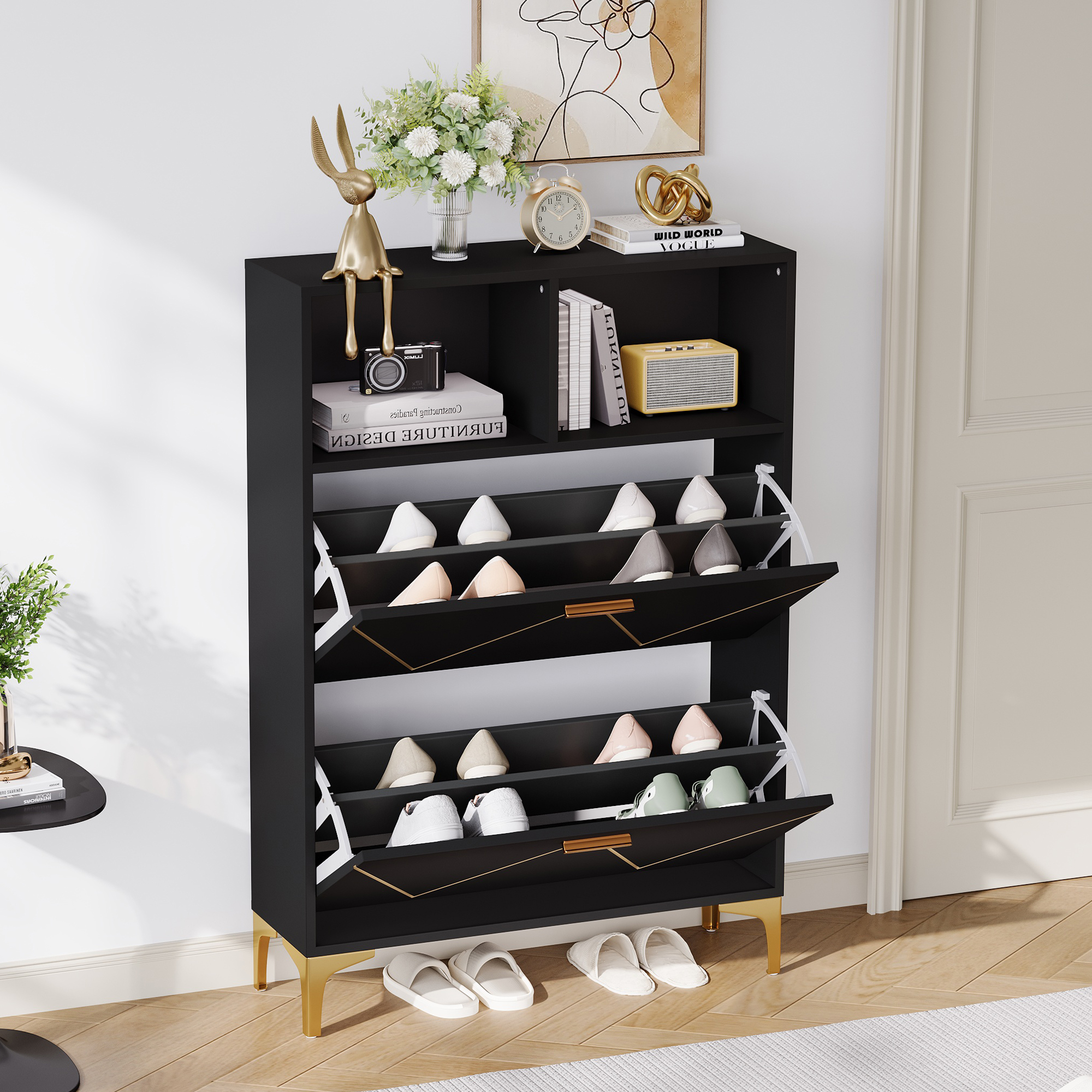 80x25x117cm Shoe Cabinet With 2 Bottom Hinged Doors,Hallway Shoe Cabinet With 4 Shoe Storage Compartments,Cabinet With 2 Semi-Open Shelves,Sideboard, Living Room Cabinet,Raised Table Leg Design,MDF-Me