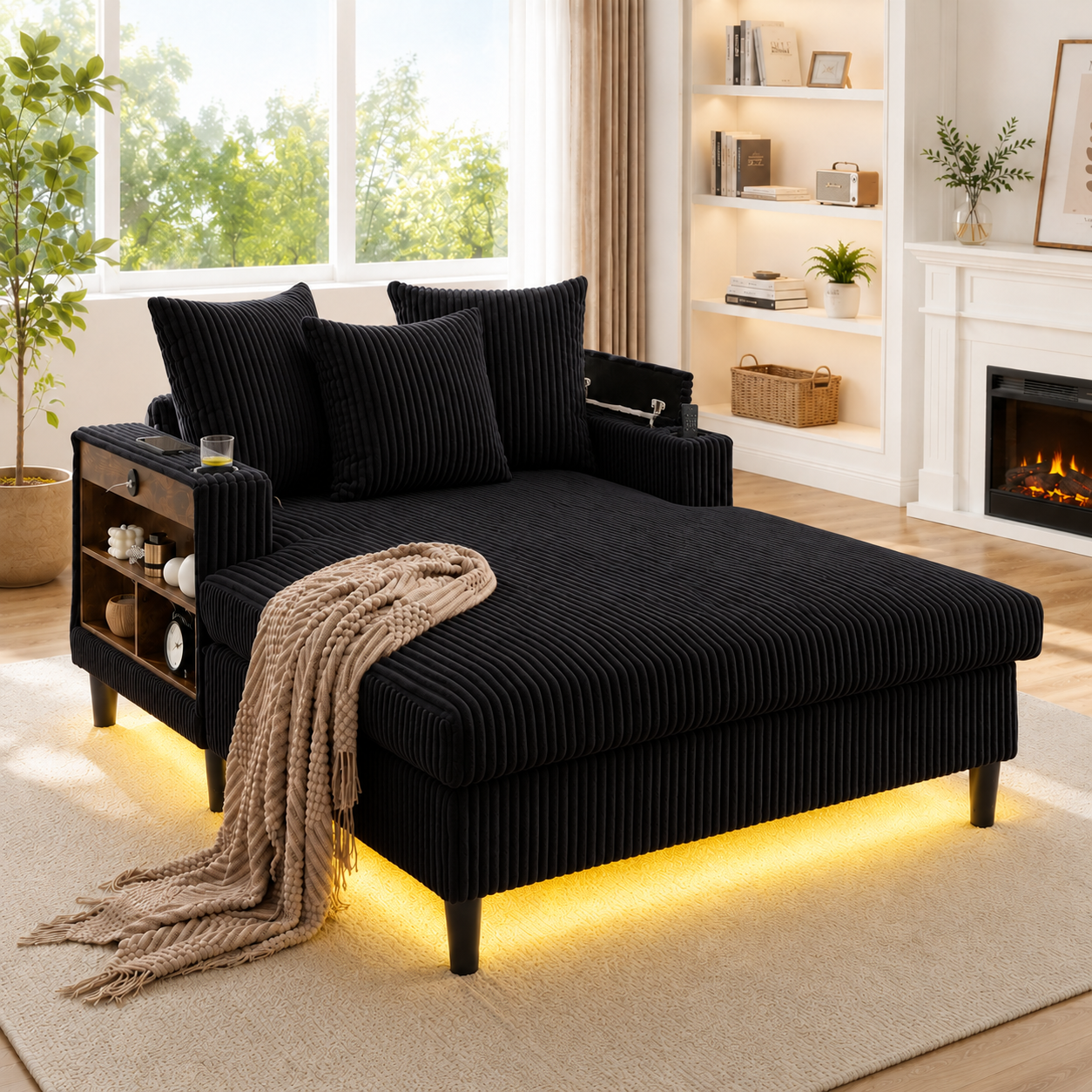 Multifunctional Corduroy Lounge With Chaise Longue With Large Lying Surface, Cup Holders On Both Sides, LED Lighting, Side Pocket, Storage Space, USB 