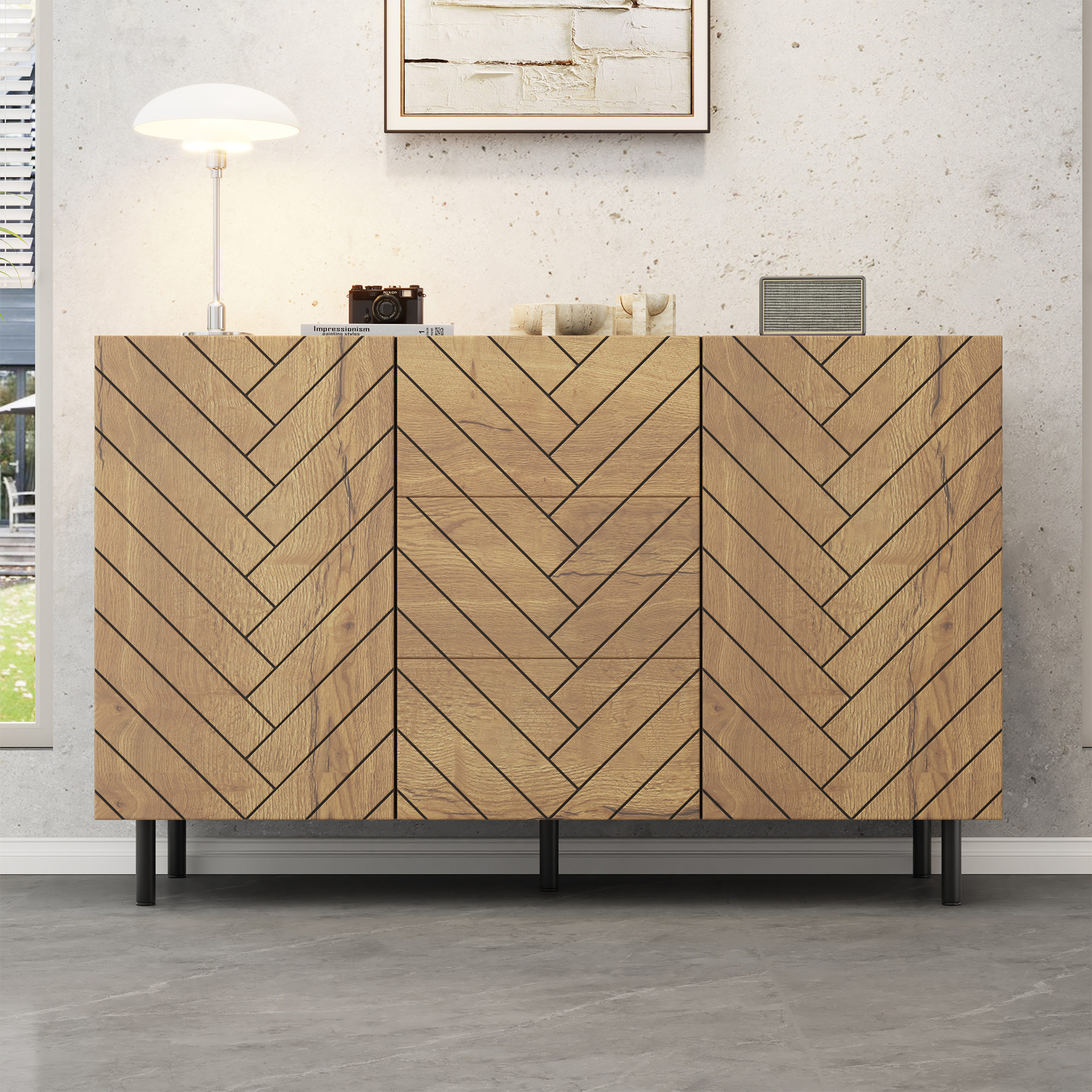 120 X40 X76 Cm Particleboard Sideboard, Modern Storage Cabinet With 3 Drawers And 2 Cabinets For Living Room,Lockers,Drawer Cabinet,Dressing Table,Chest Of Drawers